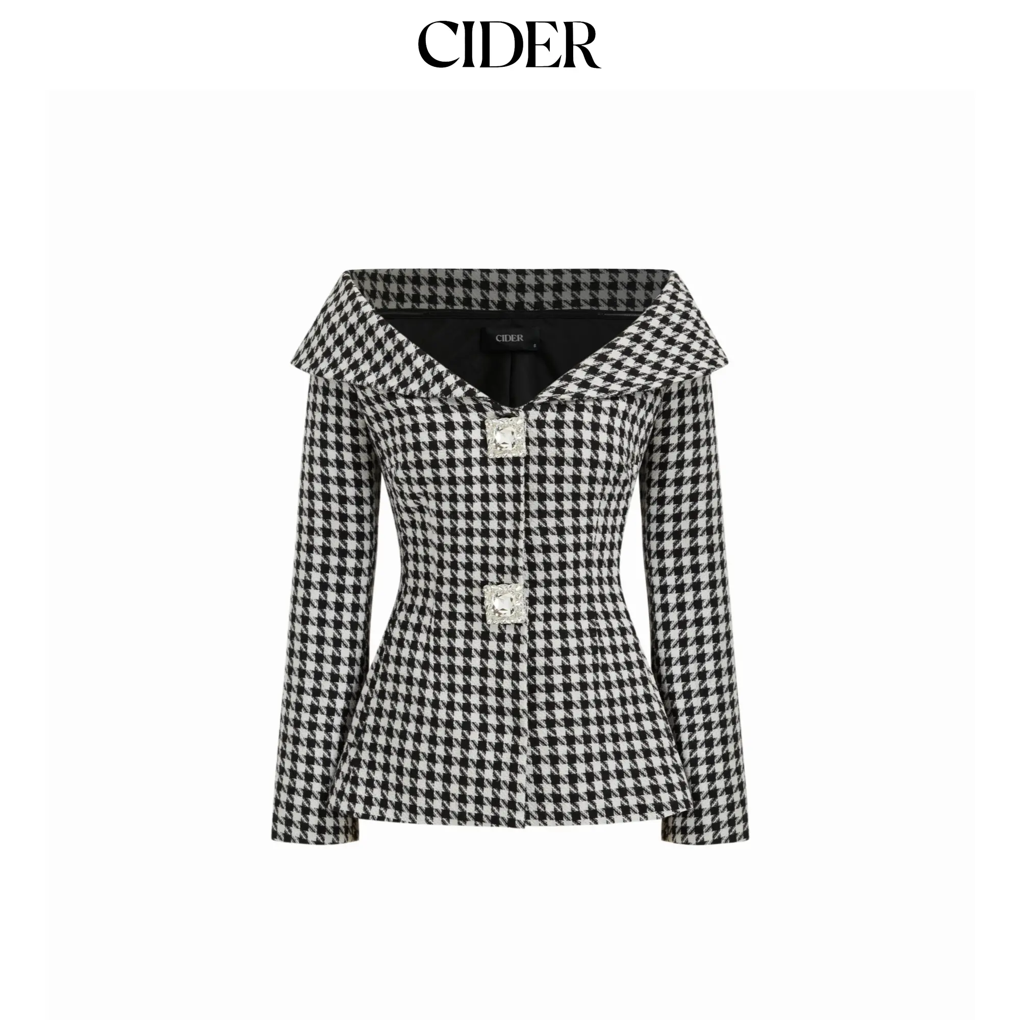 Cider Women's Tweed Houndstooth Blazer with Rhinestone Detail, Cinched Waist, Collar SohoChic