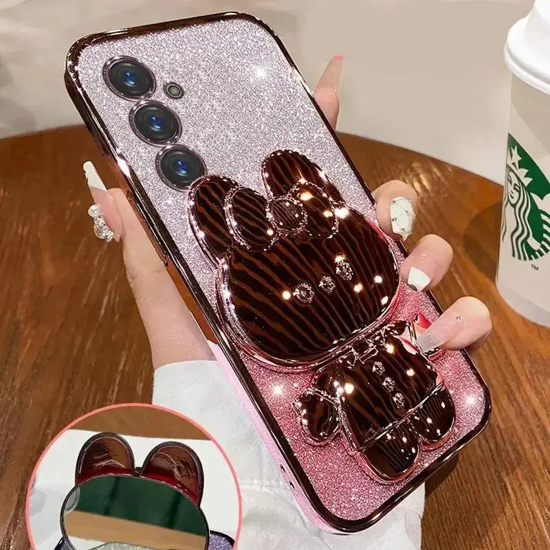 Glitter Mirror Rabbit Stand Case For Samsung A07 A17 A56/36/26/16/06/55/35/25/15/05S S25 FE S24 S23 Ultra Plus Shockproof Cover