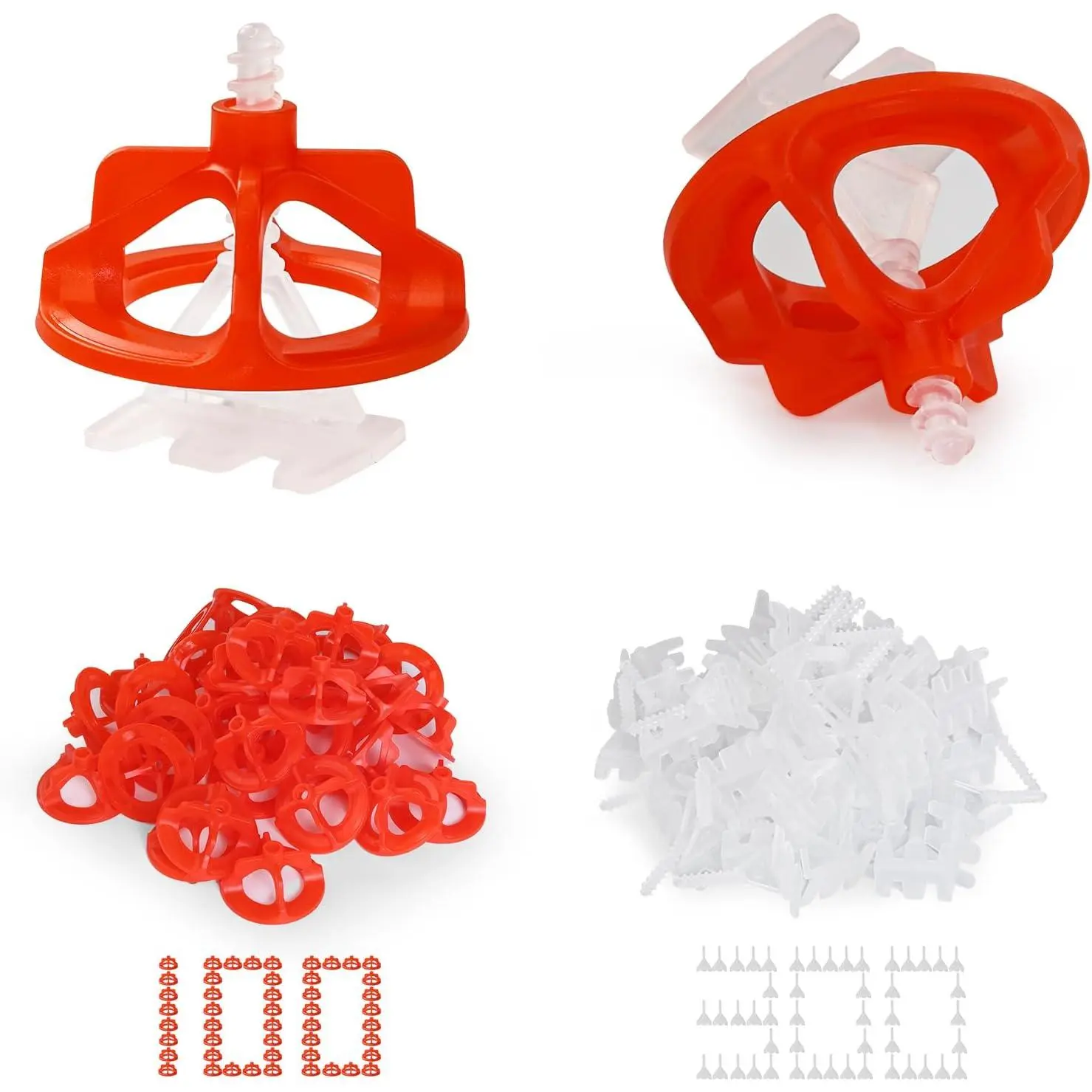 Masonry & Tiling Leveling System, 1/8" Options, 300 Spacers, 100 Red Plastic Caps & Clips, Ideal for Stone Tiles Installation & DIY Users
