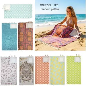 2-in-1 beach towel with Random Pattern, convertible towel with storage backpack, featuring an interior zippered pocket and sand-resistant fabric, extra-large wearable beach bag, quick-drying and foldable mat, suitable for camping, vacations, and the beach