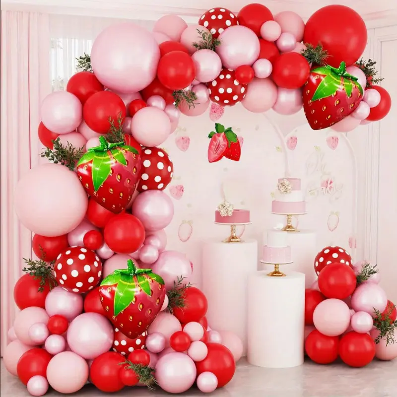 Strawberry Themed Balloon Garland Arch Kit, Fruit Series Balloon Set, Latex Balloons, Party Backdrop Decorations for Girls Birthday, Baby Shower & Fruit Themed Parties