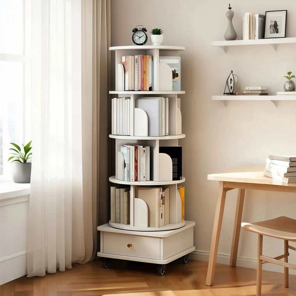 Littleox 5-Tier 360° Rotate Round Tower Bookshelf - Spinning Book Rack, Single Unit with Wheels, Drawer & Thick Base, Easy Install, Space-Saving Commercial/Office Furniture for Bedroom, Living Room, Warm White, Multiple Tiers