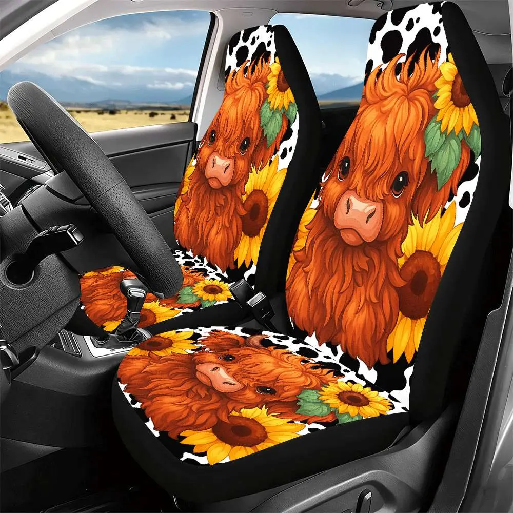 Set of 2 Highland Cow And Sunflower Seat Covers for Front Seats, Designed for High Backs, Made of Polyester, Compatible with Cars, Suvs, And Trucks, Car Seat Accessories, Ideal for Women'S Car Additions, Perfect for Christmas Eve And Halloween