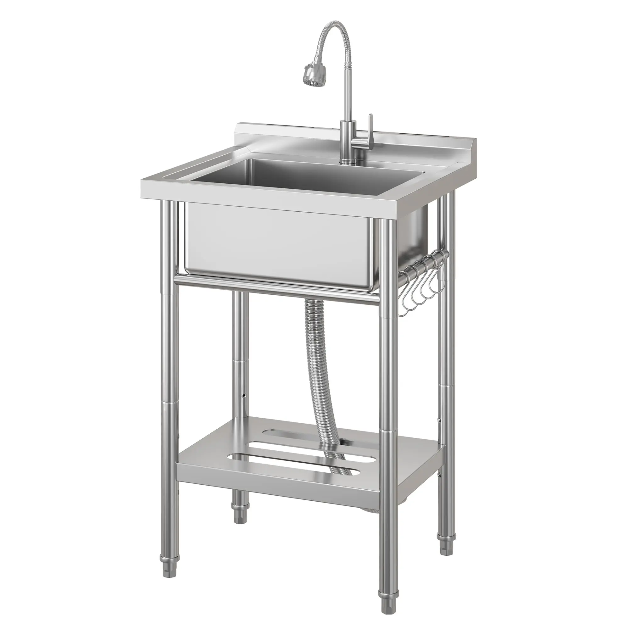 Garvee Commercial Freestanding Stainless Steel Utility basin, Single Bowl - Pull-Out Hot/Cold Faucet - Storage Shelf & S-Hooks - Adjustable Feet - for Kitchen, Laundry, Garage, Garden