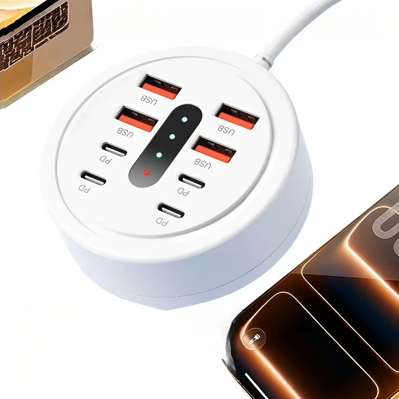 Multi-Port Desktop Charging Station, Charging Hub, Round Charging Base with 4 USB-A & 4 Type-C PD Fast Charging Ports, Power Supply for Phones, Bluetooth Earphones & Tablets