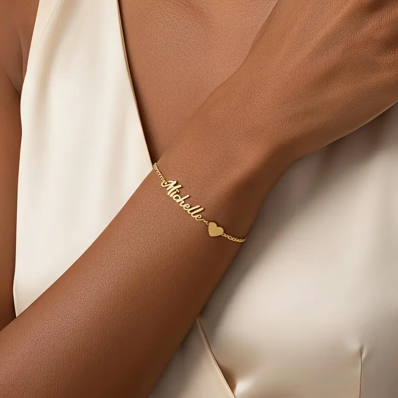 1pc Custom Women'S Personalized Name Heart Bracelet, Custom Golden Plated Stainless Steel Delicate Font Bracelet, Unique Bridesmaid Gift, Valentine'S Day Gift, Mom Birthday Gift