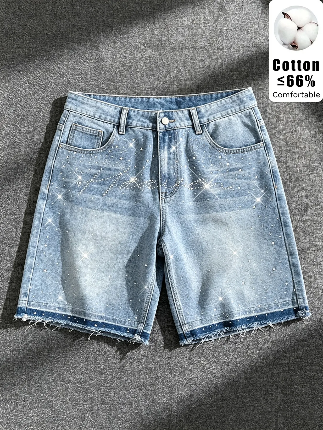 Unisex Light Blue Washed Denim Shorts, Rhinestone Embellished Flare Leg, Loose Fit Streetwear, Trendy Jean Shorts for Men and Women