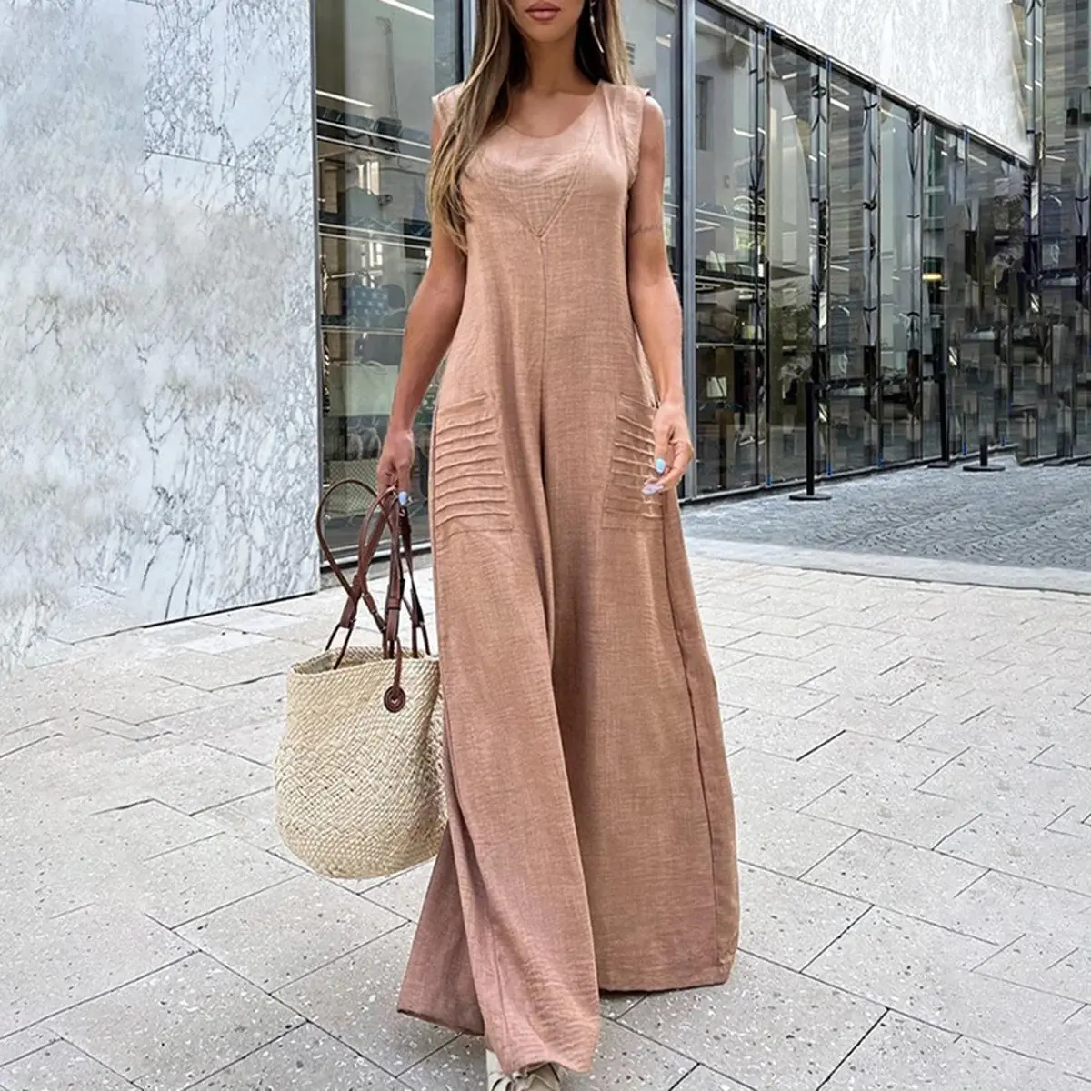 Solid Color Overalls, Basic Linen Blend Jumpsuit for Women with Pockets, Round Neck Casual Loose Fit Sleeveless Wide-Leg Design