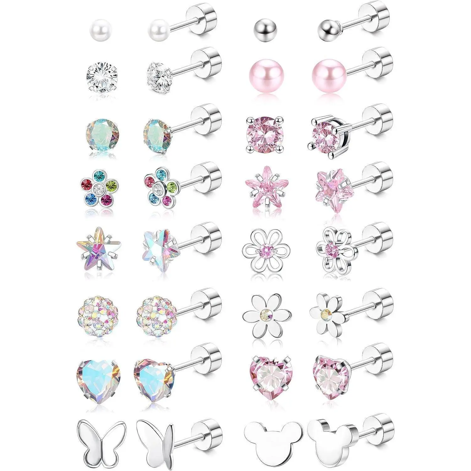 CASSIECA 16Pair Earring Stacking Set 316L Stainless Steel Hypoallergenic Screw Back Mini Stud Earrings, CZ Pearl Ball Heart Flower Designs, Metal Coating, Multicolor Bundle for Everyday Carry, Summer Jewelry Gift Sohochic