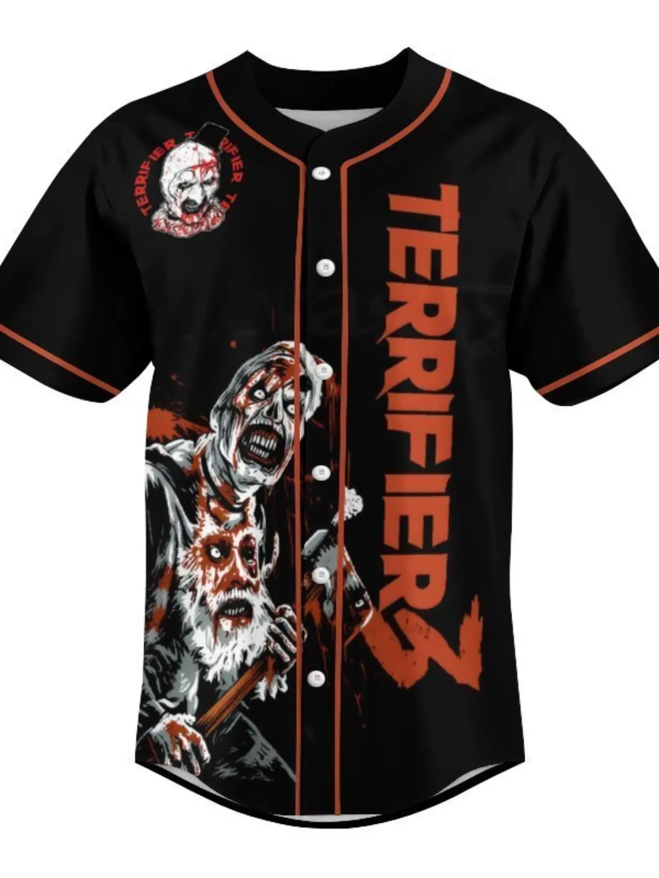 Terrifier 2 Art The Clown Baseball Jersey, Horror Movie Blood Splatter Graphic Button Up Short Sleeve Shirt, Halloween Scary Outfit For Men Women