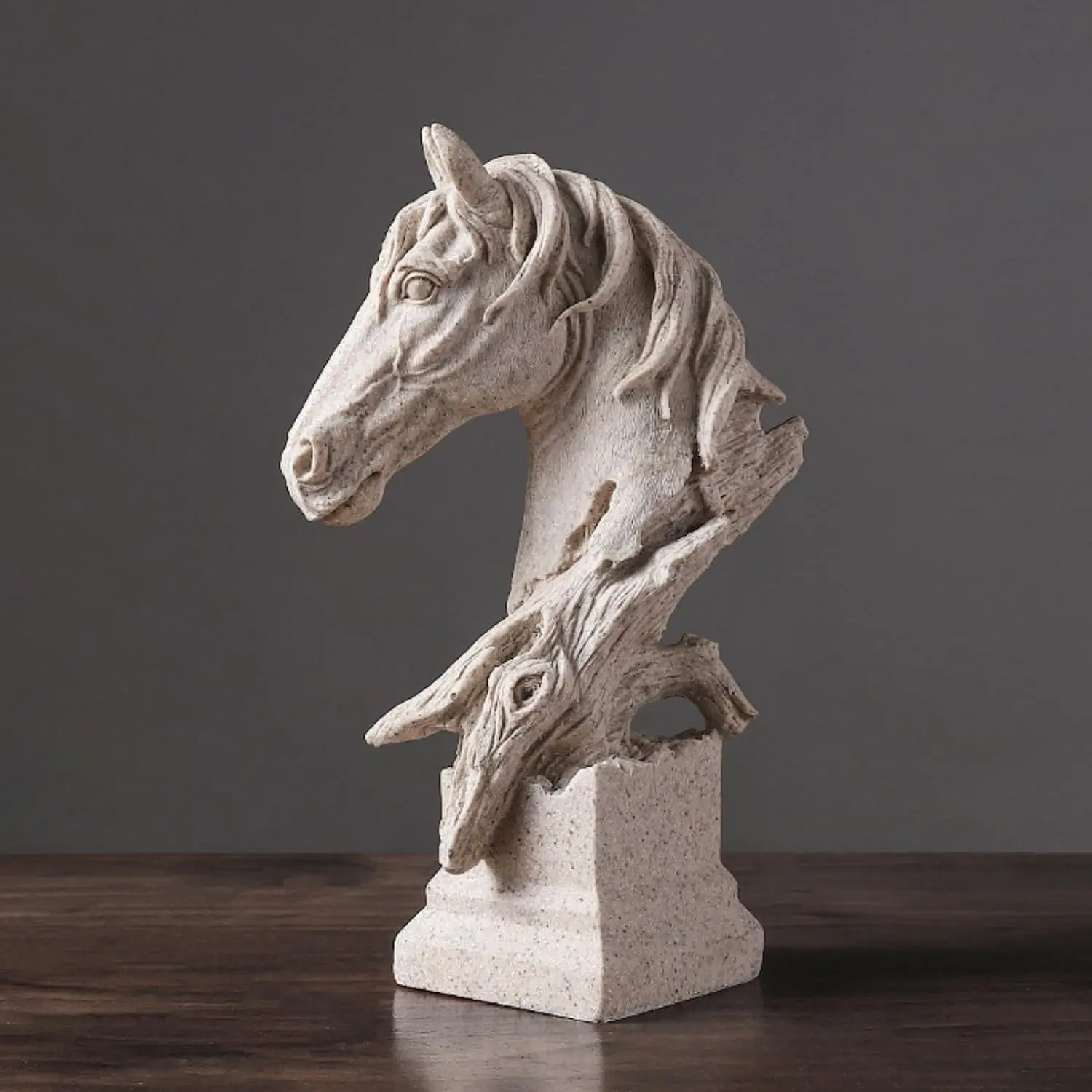 Creative Art Retro Horse Head Ornament,Resin Statue Ornaments,Abstract Style Sculptures,Living Room Dining Desk Decorations,Bookshelf Decorative Objects,Office Decor(7.9"/Sandstone)