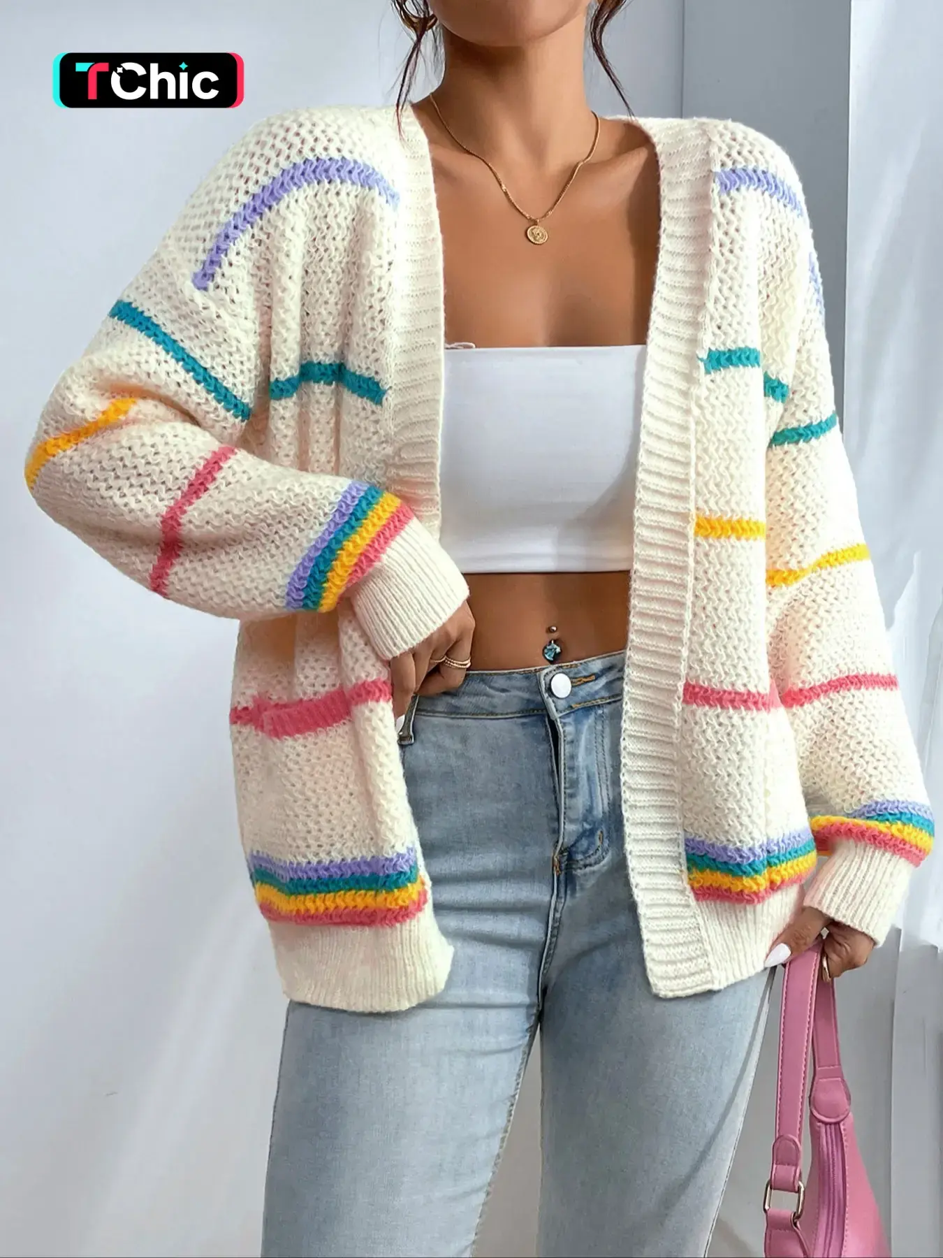 Women's Striped Open-Front Cardigan, Casual Drop-Shoulder Long-Sleeve Pocket Knitwear Fit for Fall and Winter Daily Wear