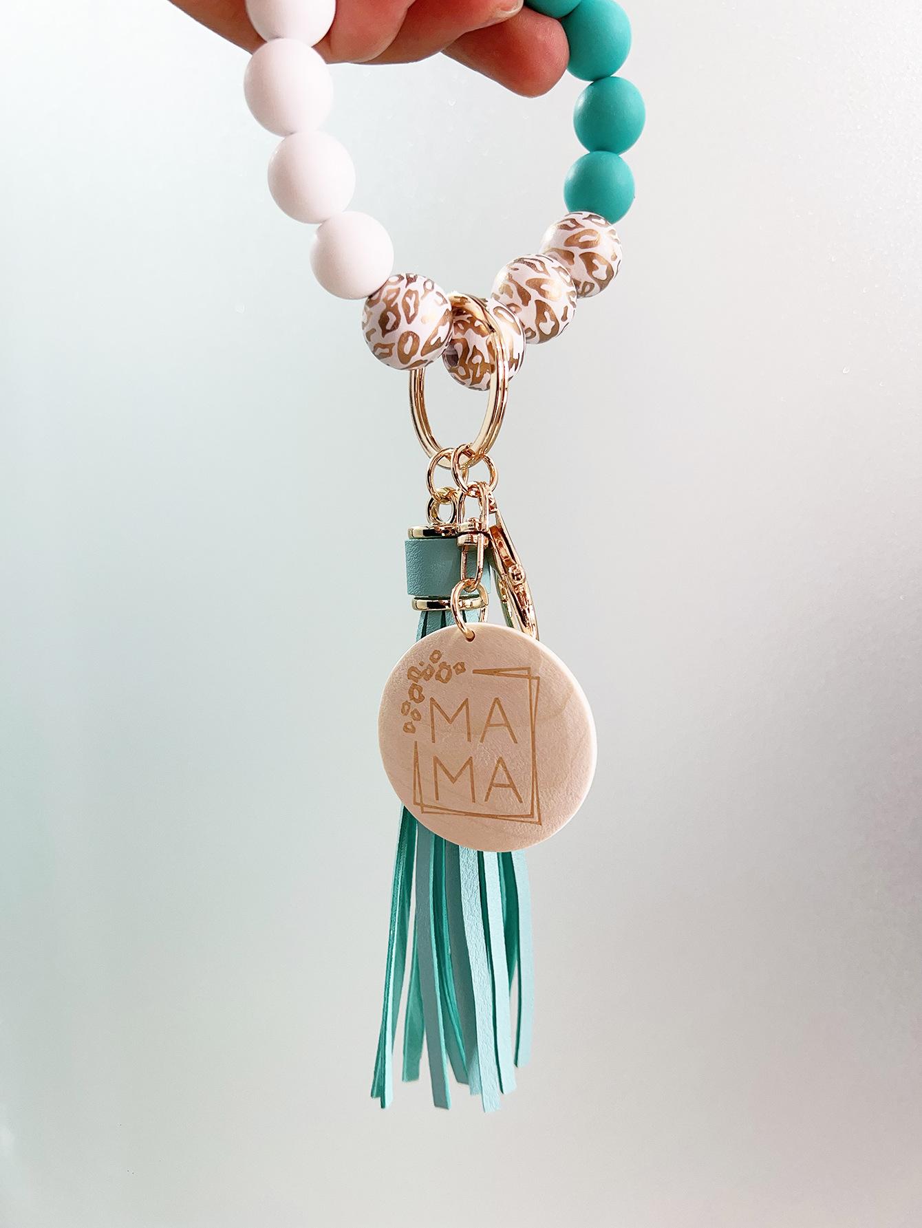 Wrist keychain, bag pendant, key ring, silicone bead bracelet, tassel, wooden beads, MAMA wood piece