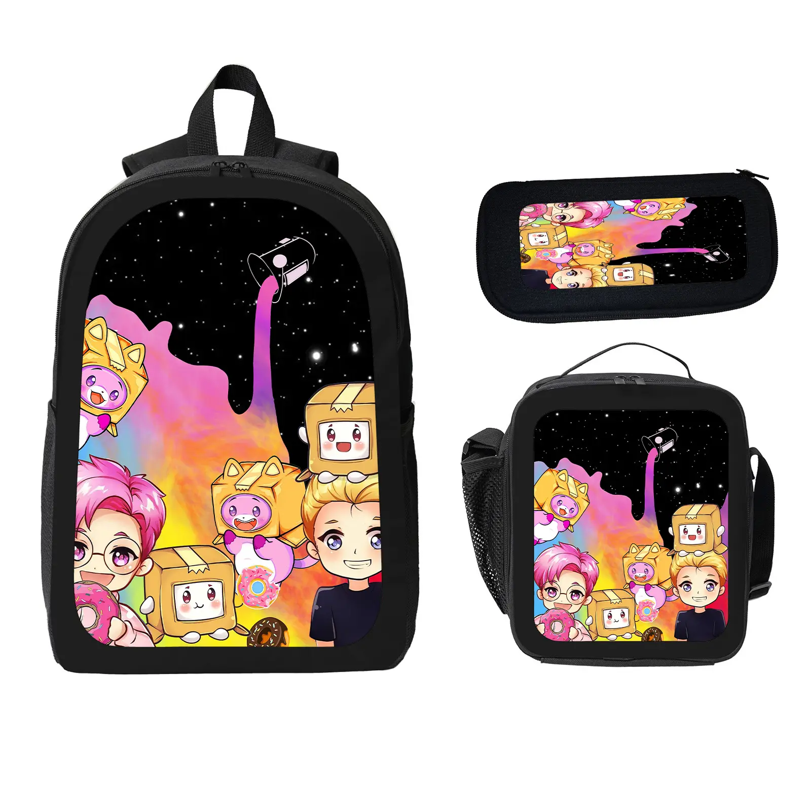 LankyBox Unisex 3-Pcs School Backpack Set, Large Capacity Water Resistant Bookbag with Insulated Lunch Bag & Pencil Case, Travel Daypack for Elementary-Middle School Kids b-39, Set Pack