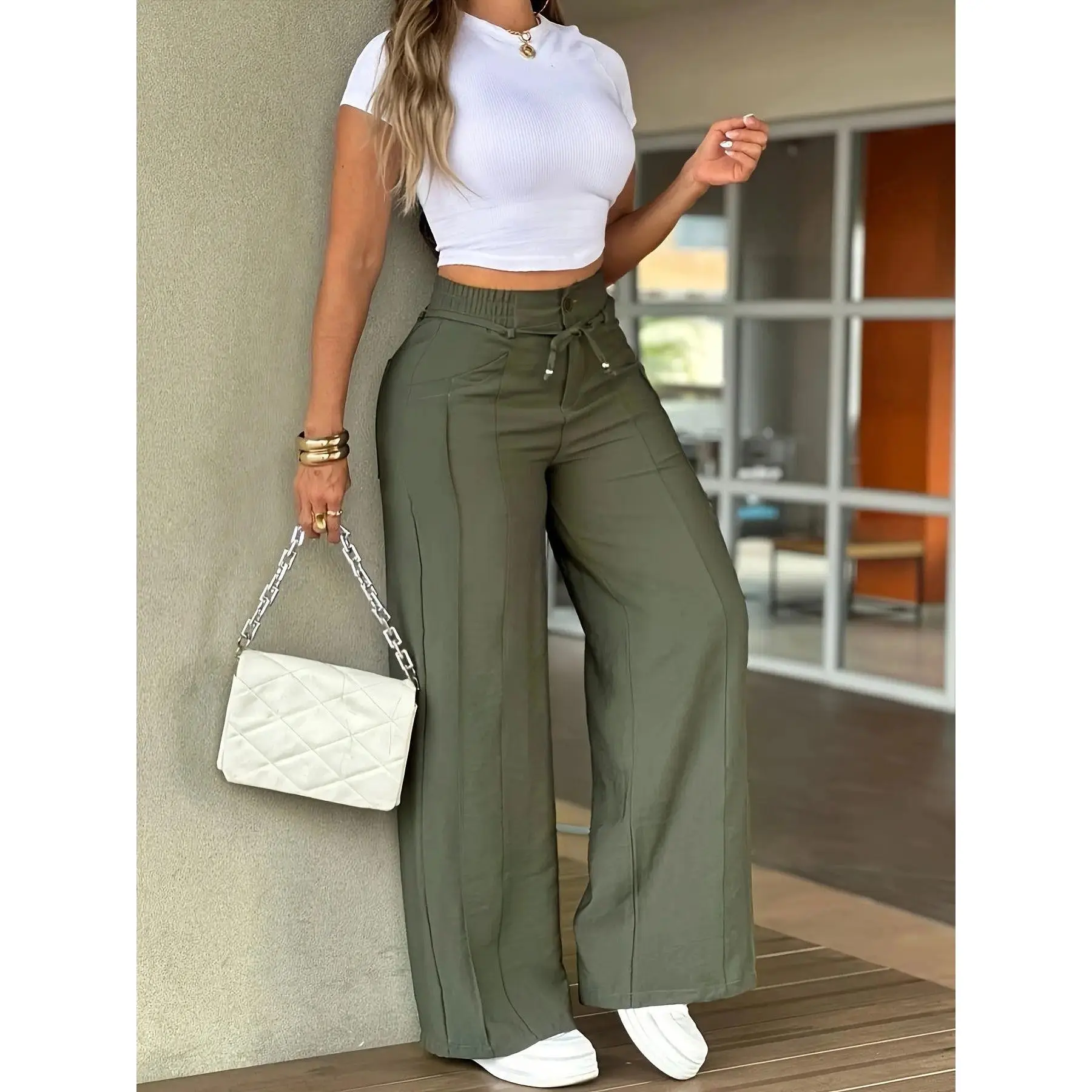 2026 New Women's Wide-Leg Pants, Seam Detail, High Waist Elastic Waist Trousers, Suitable for Office and Dates, Womenswear