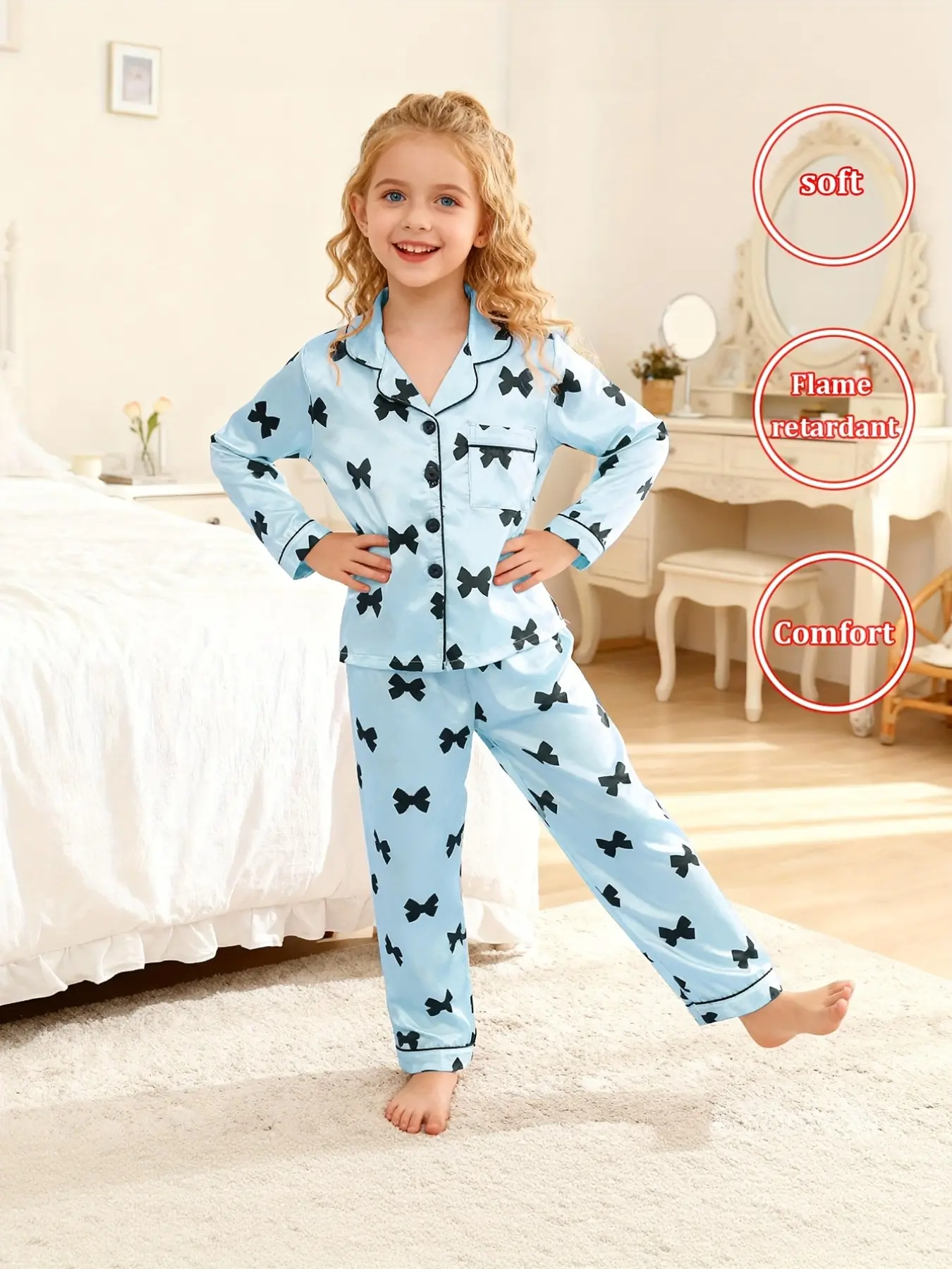 Girls' 2-Piece Pajama Set, Light Blue Butterfly Print Long Sleeve Open Front Top & Pants, Soft Comfortable Home Wear for Kids, Matching Pajamas Set