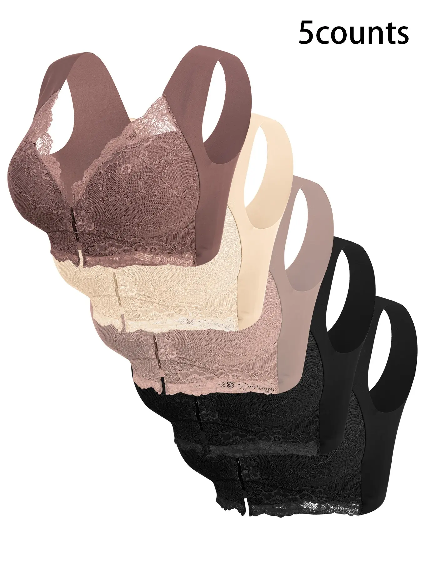 Women's 5-Piece Contrast Lace Hook Front Bra Set, Soft Comfortable Breathable Wireless Lingerie, Casual Comfy Bra Ideal for Daily Wear