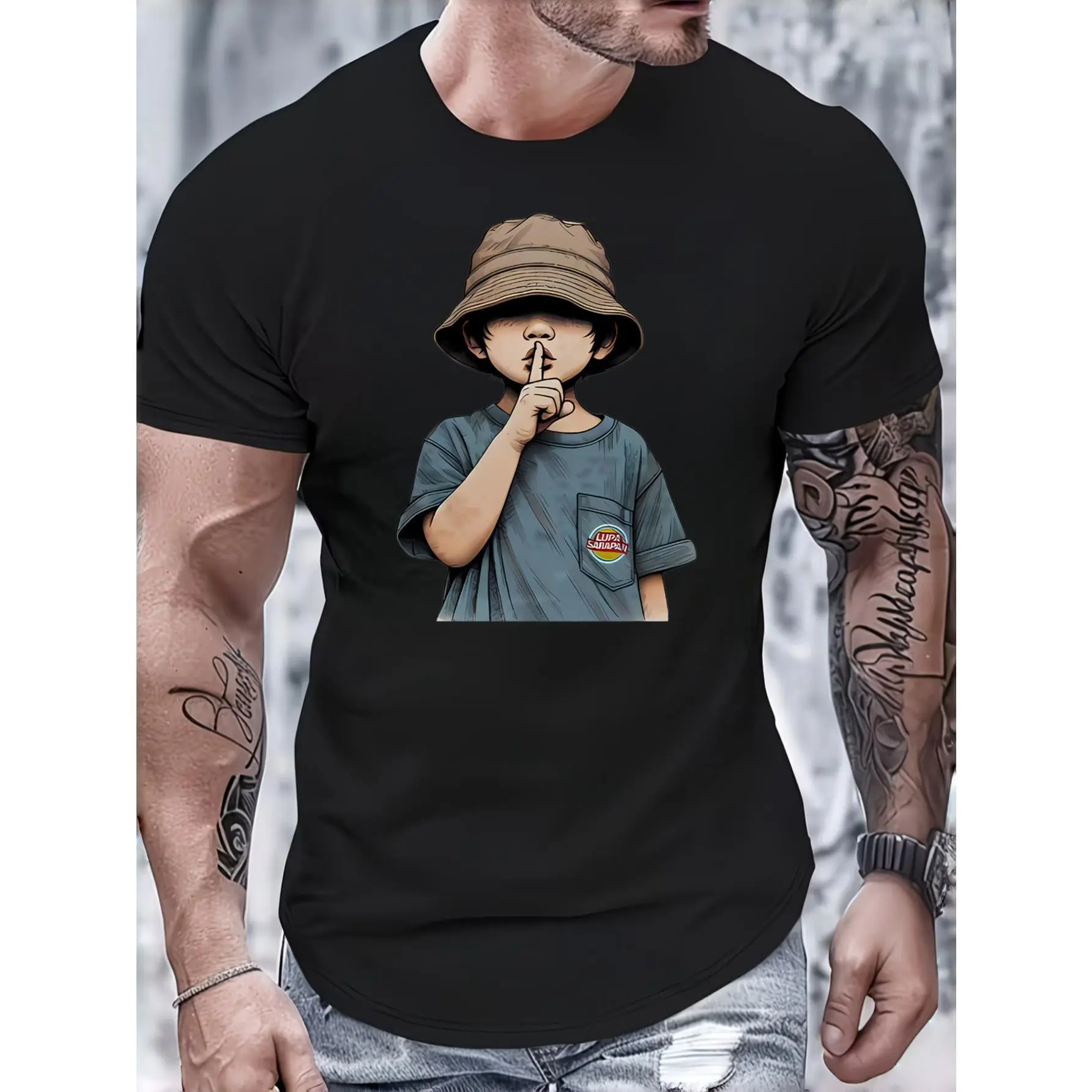 Men's Casual Streetwear T-Shirt - Cute Boy Shushing Graphic Print, Fashion Menswear Tops, Summer Daily Wear, Unisex Matching Gift for Son/Boyfriend