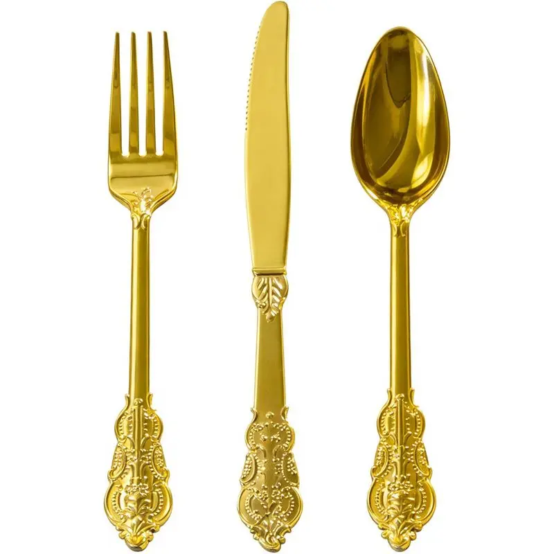 60 pieces of gold-colored vintage-style cutlery, high-quality and durable party utensils, can be washed and reused multiple times, perfect for weddings, birthday parties, anniversary celebrations, outdoor gatherings, and other occasions