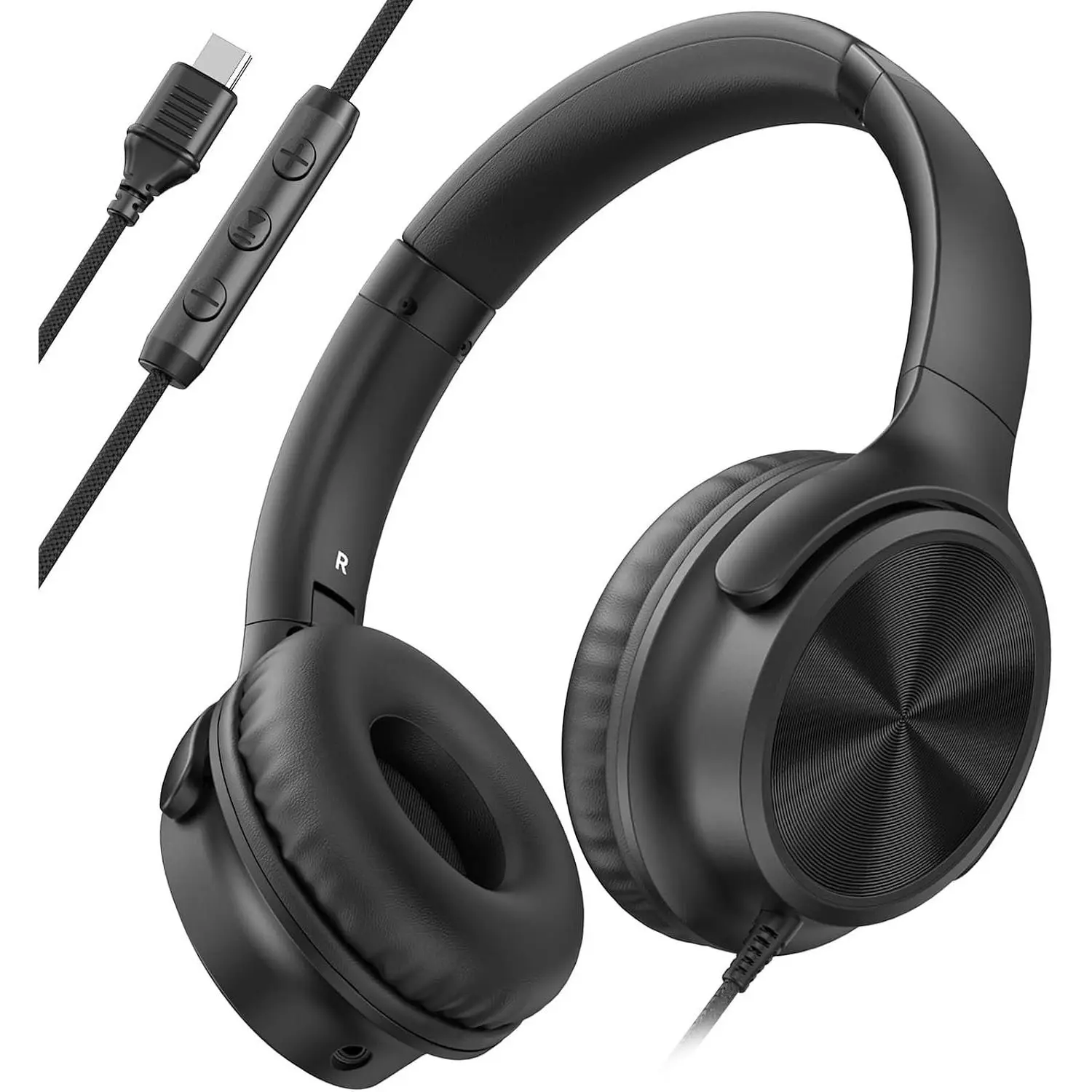 USB C Headphones Wired, Over Ear USB C Wired Headphones with Microphone, Volume Control,  Stereo Sound, Foldable USB Type C Headphone for Adult/Teens/Laptop// 15/16/17, Black