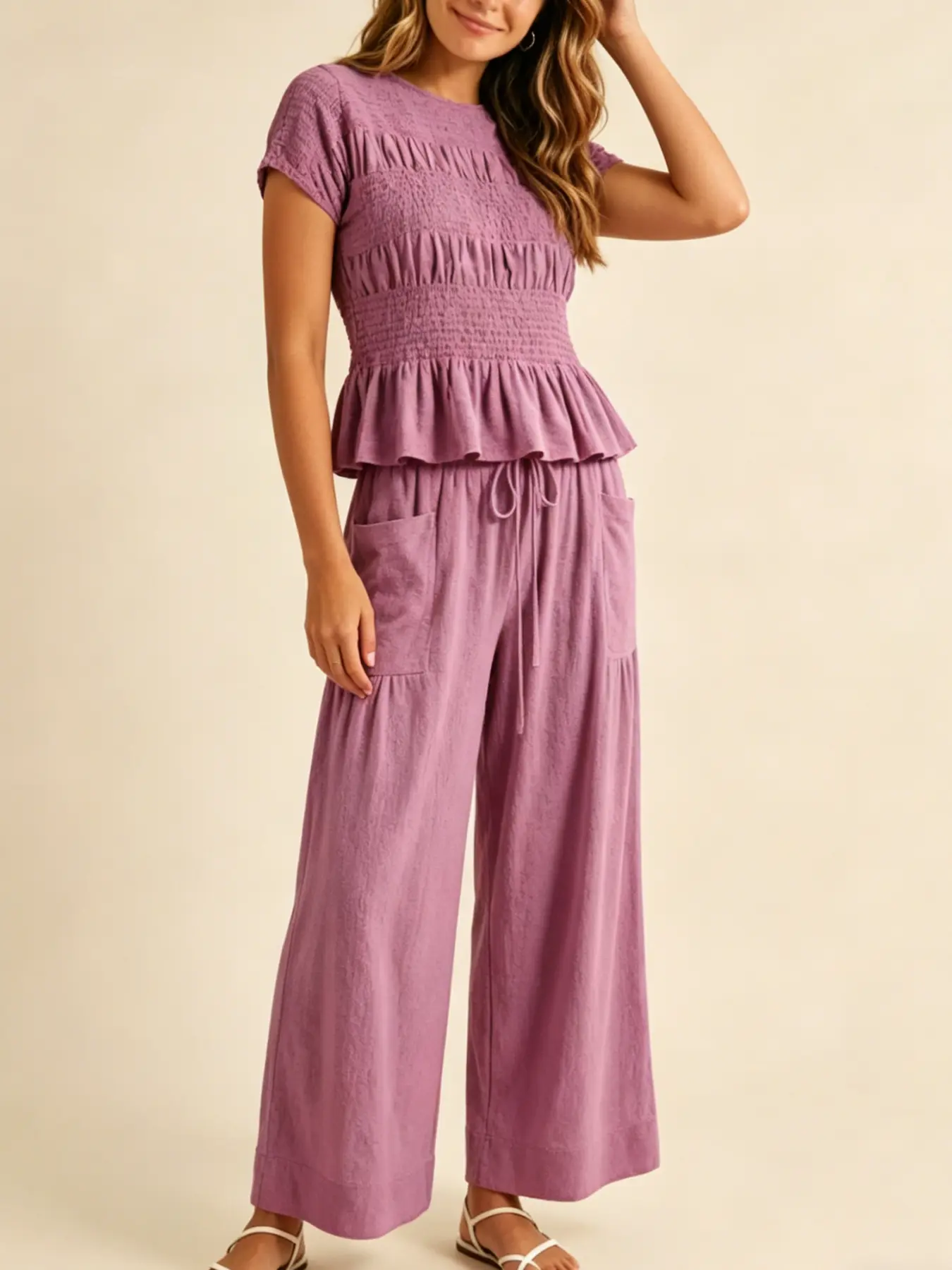 French gentle style Basic Casual Women waist cinching set with multiple colors to choose from, ruffled short sleeved top and wide leg pants suitable for summer, versatile sportswear for home and outdoor wear Clothes
