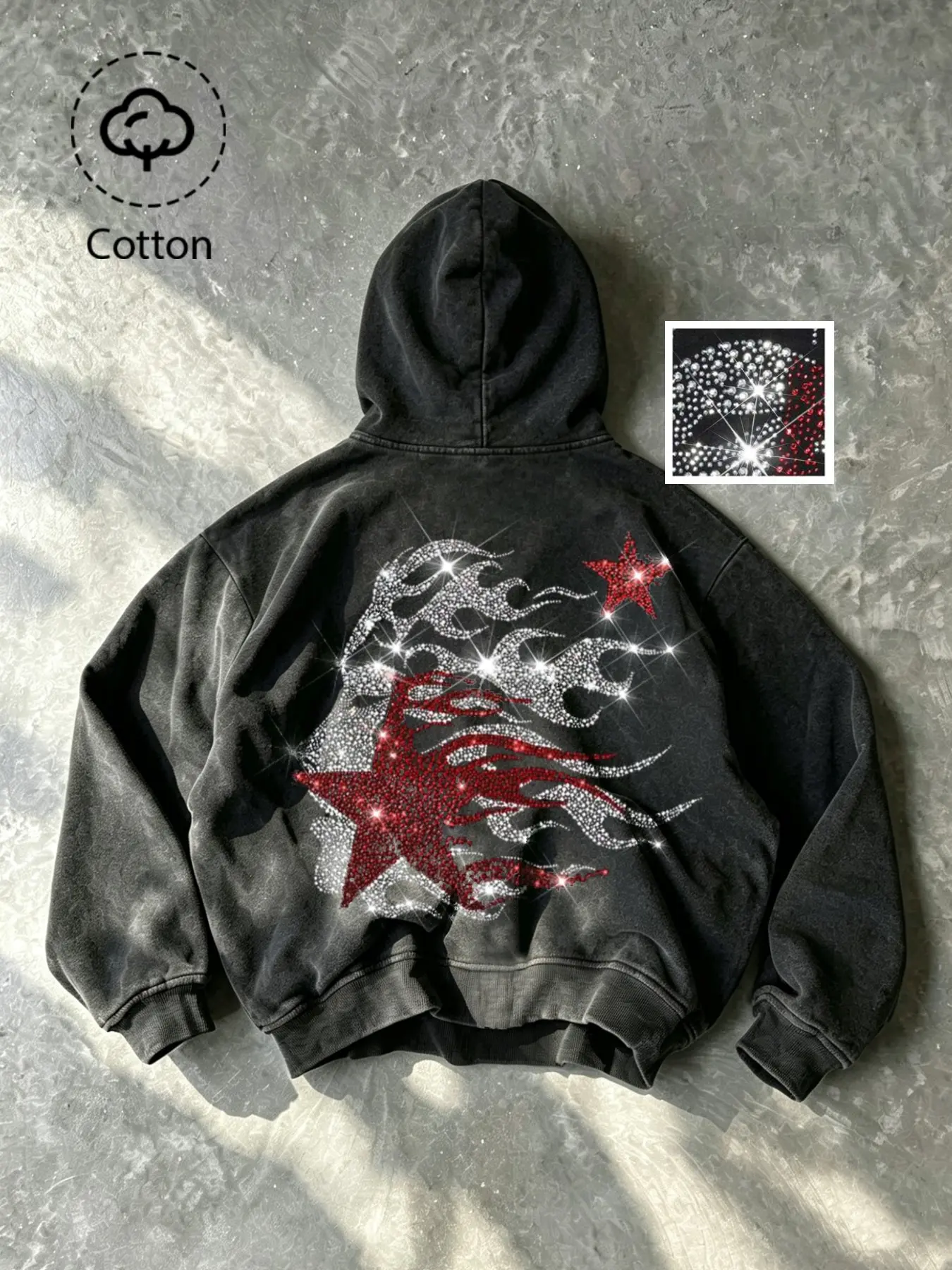 Men's Vintage Washed Zipper Hoodie, Casual Hooded Sweatshirt, Cotton Fabric Adjustable Hat, Sparkling Rhinestone Star Pattern, Casual Hip-Hop Style Long Sleeve Top