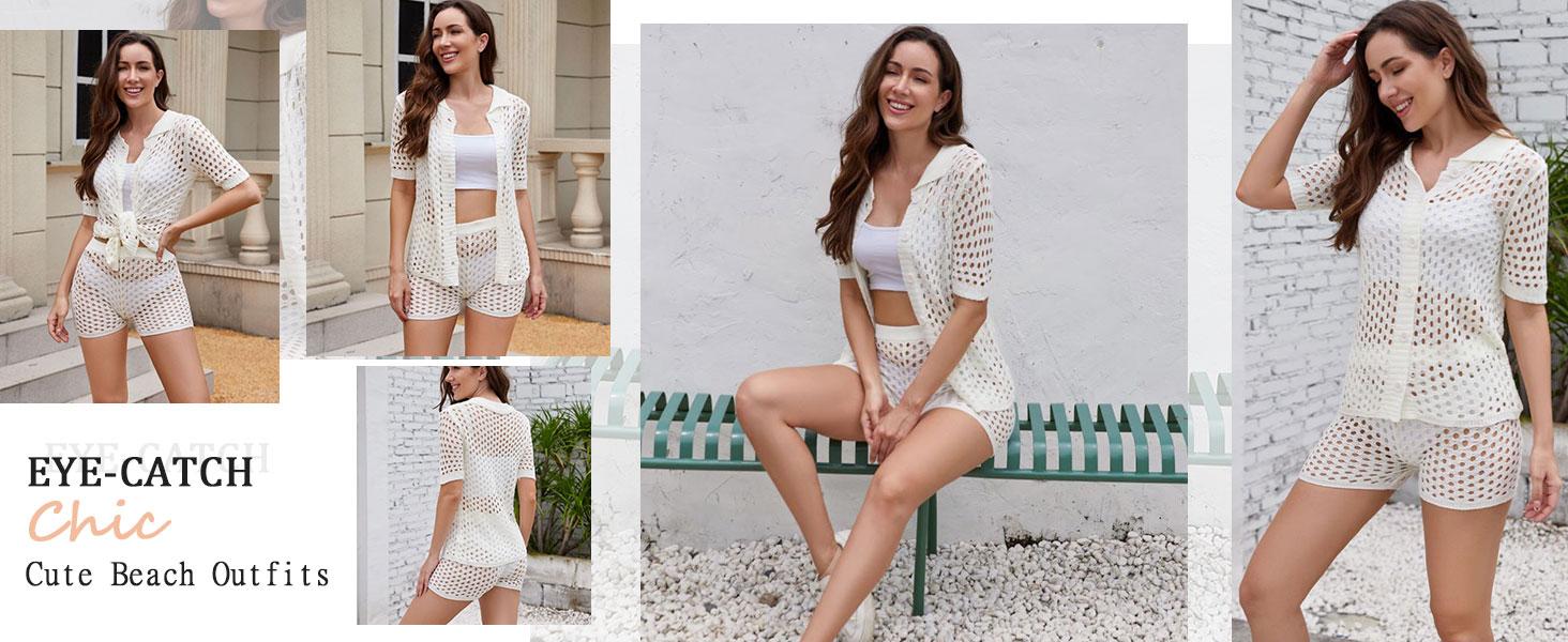 Short Sets Women 2 Piece Outfits Knit Color Block Short Sleeve Button Down Shirt and Shorts Set Color-Block Openwork Summer Vacation Style Two-Piece Set Hawaiian short-sleeved set