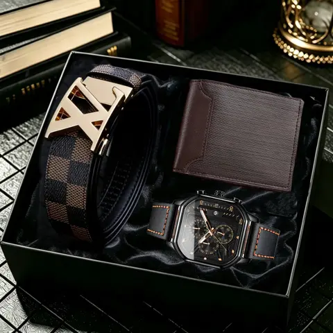 Men's Fashion Analog Quartz Watch Set with Wallet and Belt, Gift Box Included, Perfect for Business Casual Daily Wear