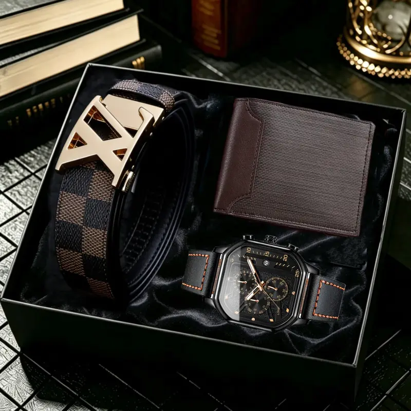 Men's Fashion Analog Quartz Watch Set with Wallet and Belt, Gift Box Included, Perfect for Business Casual Daily Wear