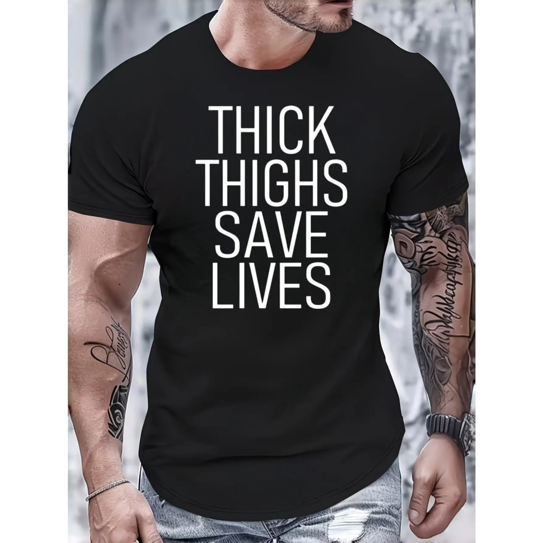 Casual Funny Graphic, Men's T-Shirt, Thick Thighs Save Lives Text Print, Summer Daily Wear Gym Workout, Gift For Boyfriend Husband Fitness Lover