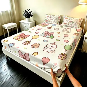 3PCS Japanese Hand Drawn Bow Gift Box Fitted Sheet Set, Soft Microfiber, Deep Pocket Wrinkle Resistant, Cozy Bedding for Girls, Multiple Colors Available