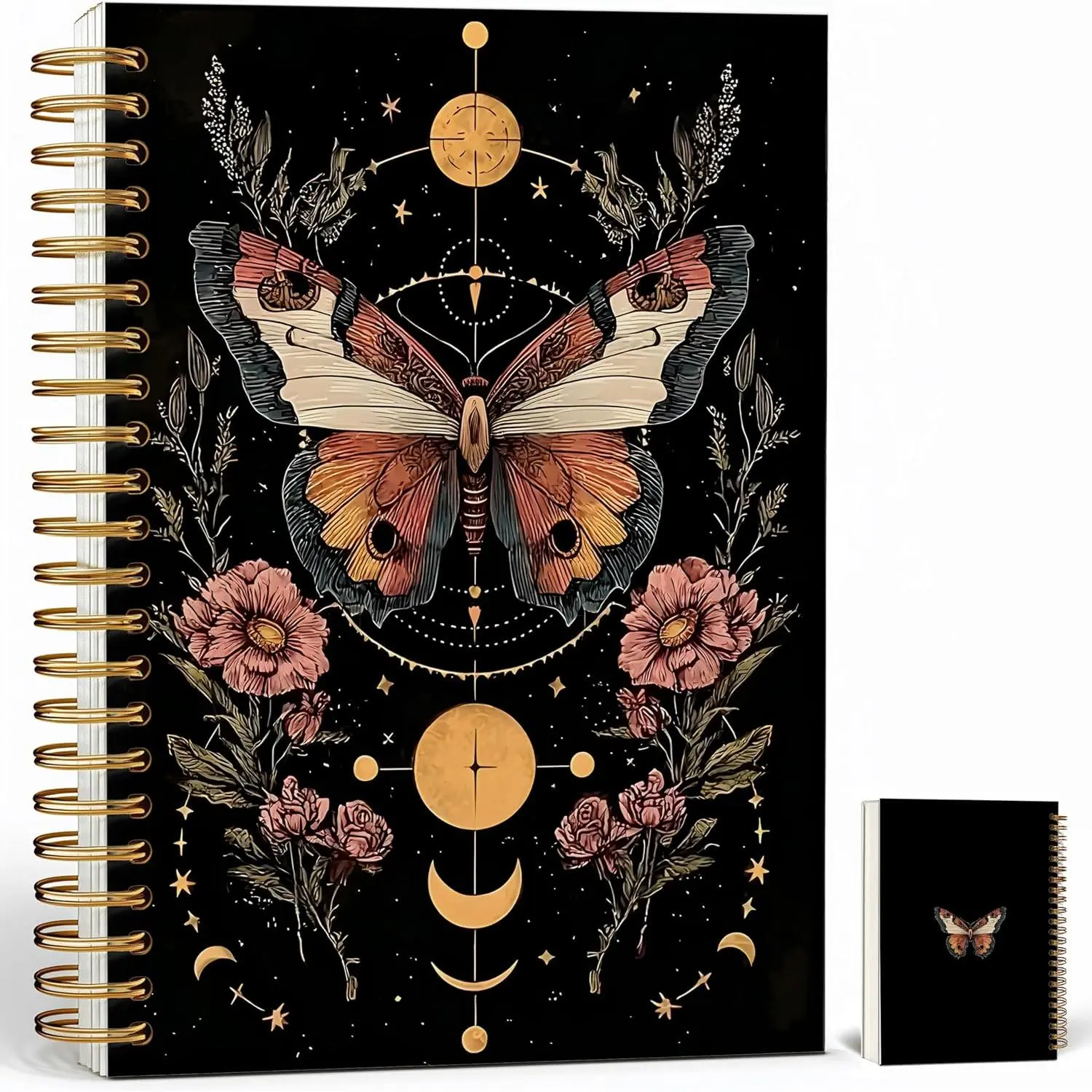 Gothic Notebook Journal for Women - A5 Spiral Notebook with Black Butterflies &  Design,  Witchy Journal, Lined Paper, Gothic Office & School Supplies,  Gifts for Women Birthday, Christmas (Black-moon&sun)