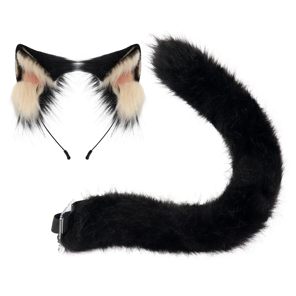 Women's Plush Black Cartoon Character Cosplay Accessory Set - 1-Size (Free Size) Polyester-Elastane Ears + Tail, Headband & Neck Pieces for Roleplay Costume Parties