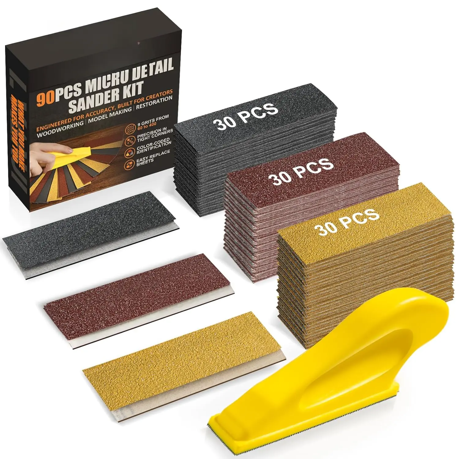 90-Piece Micro Detail Sander Block Kit, 3-in-1 Mini Woodworking Tool with Multi-Grits 60-400 Sandpaper Set for Wood DIY Crafts (No Warning Applicable), Compact Shape