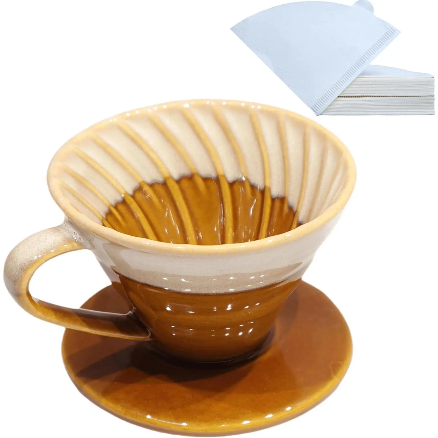 Ceramic Pour Over Coffee Dripper with 50 count Coffee Filters - Portable Drip Coffee Brewer for Travel, Camping, Office or  - Artisanal Pottery  for Enthusiasts