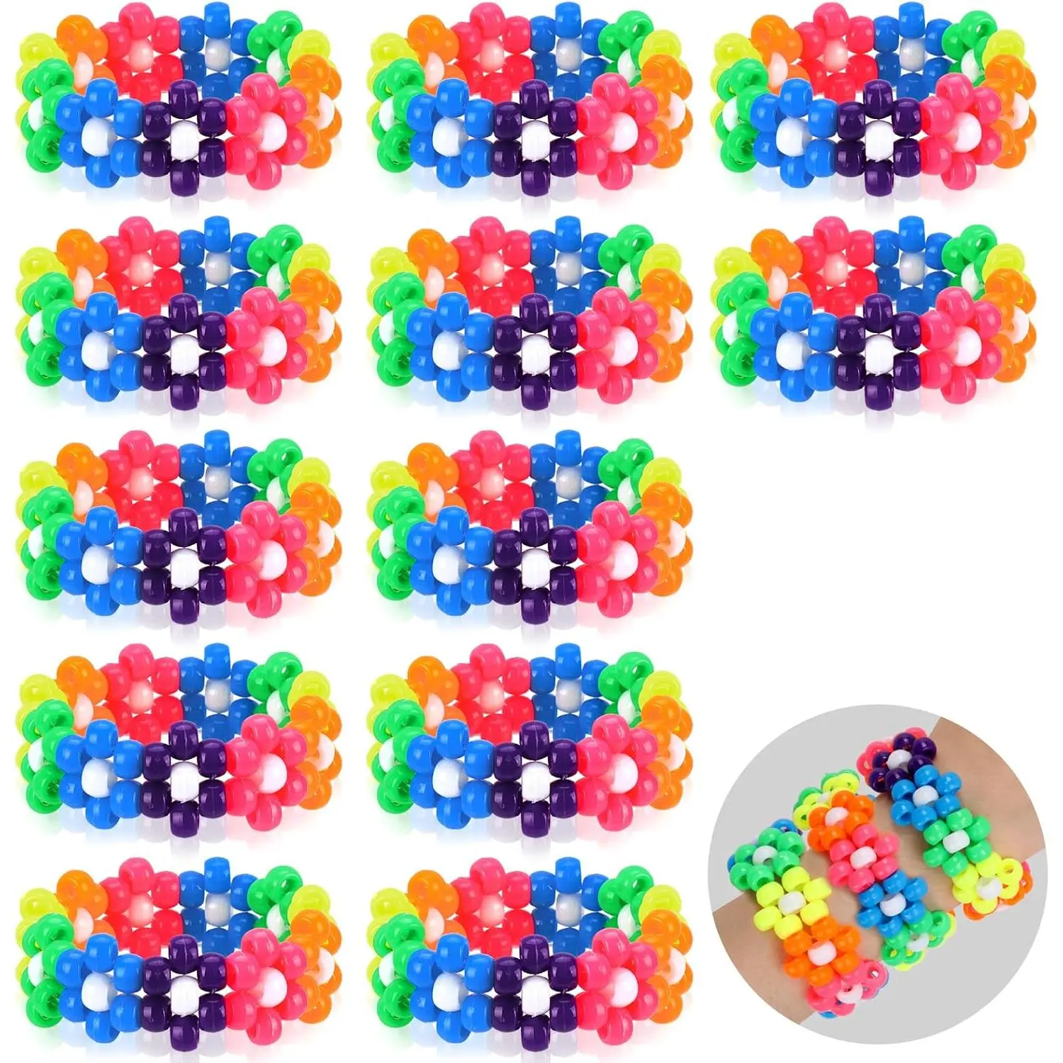 Flower Rave Kandi Bracelets Stretch Rave Candy Bracelets Multi Color Beaded Flower Kandi Cuff Rave Accessories Jewelry Music Party Favor for Women Friends EDM Party Music Festival