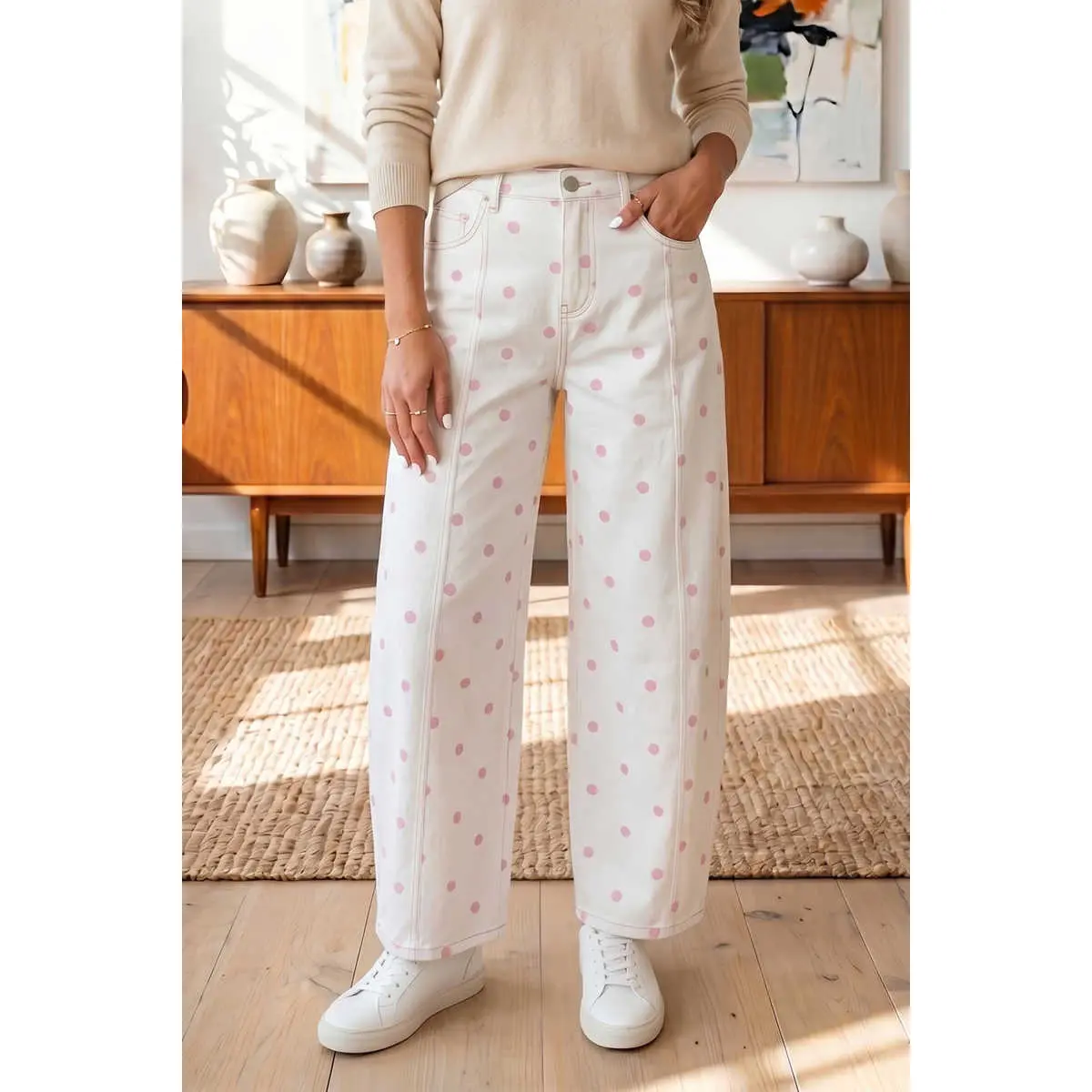 Women's Cotton Fitted Pink Polka Dot Print Seam Detail Barrel Jeans, Casual Everyday Bottom, Piece, Leg, Style, Polka Dot Jeans, Pants, Elastane