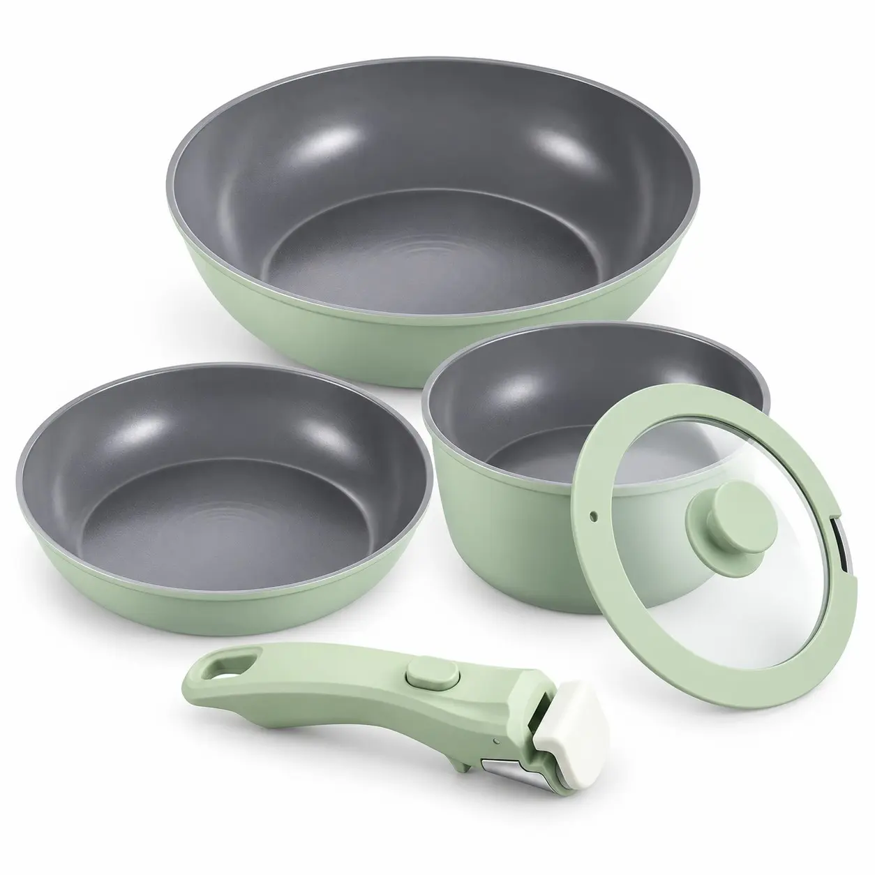 Three-Piece Non-Stick Cookware Set, Detachable Handles, Stackable with Lid, Space-Saving, Light, Lightweight, Ideal for Small Kitchens