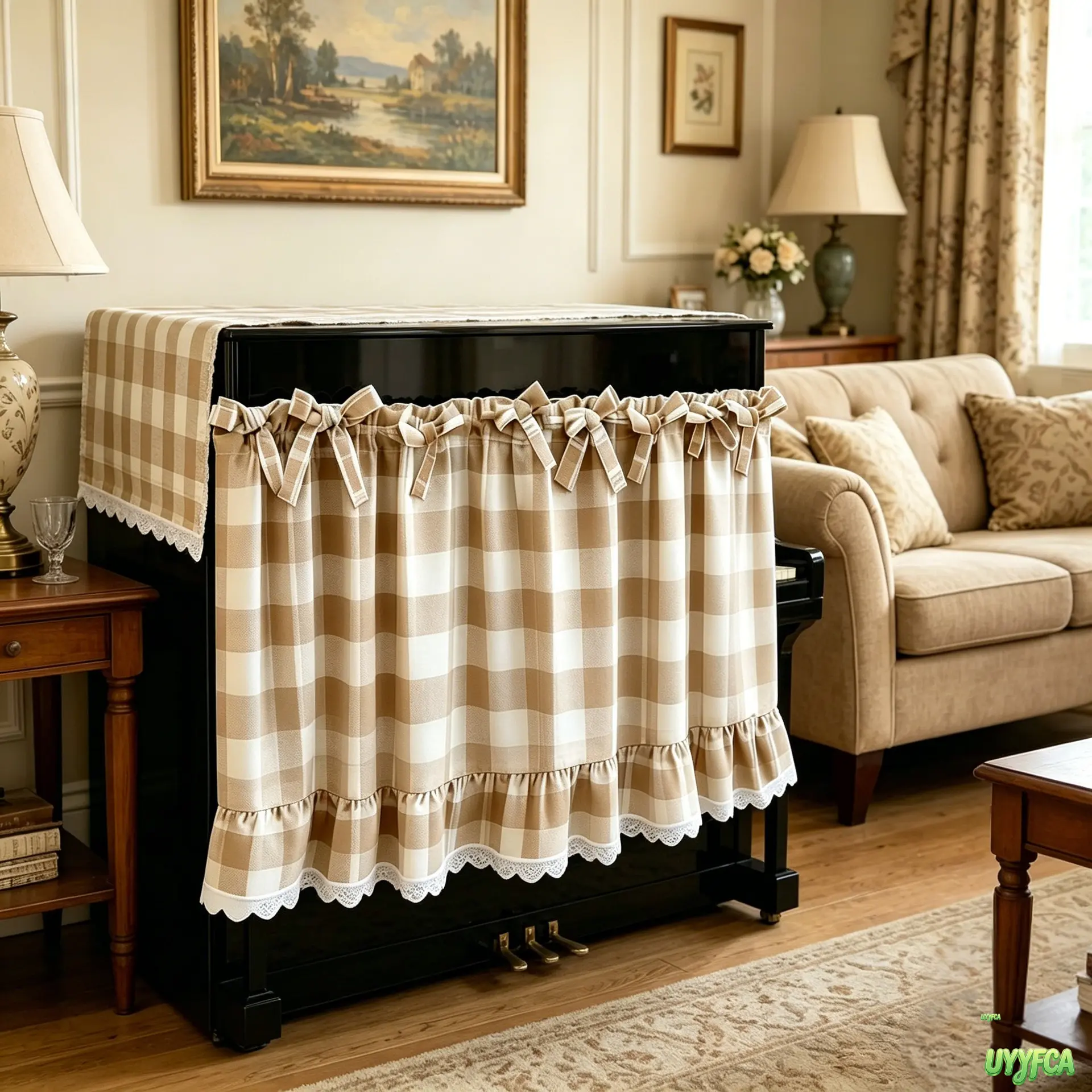 Gingham Tie-Top Curtains with Ruffled Lace Trim, Boho Cotton Linen Blend Semi-Sheer Drapes, Light Filtering Panels for Farmhouse Style Home Decor, Kitchen & Living Room, Buffalo, Tie Front Top, Room Decor, Tie Up