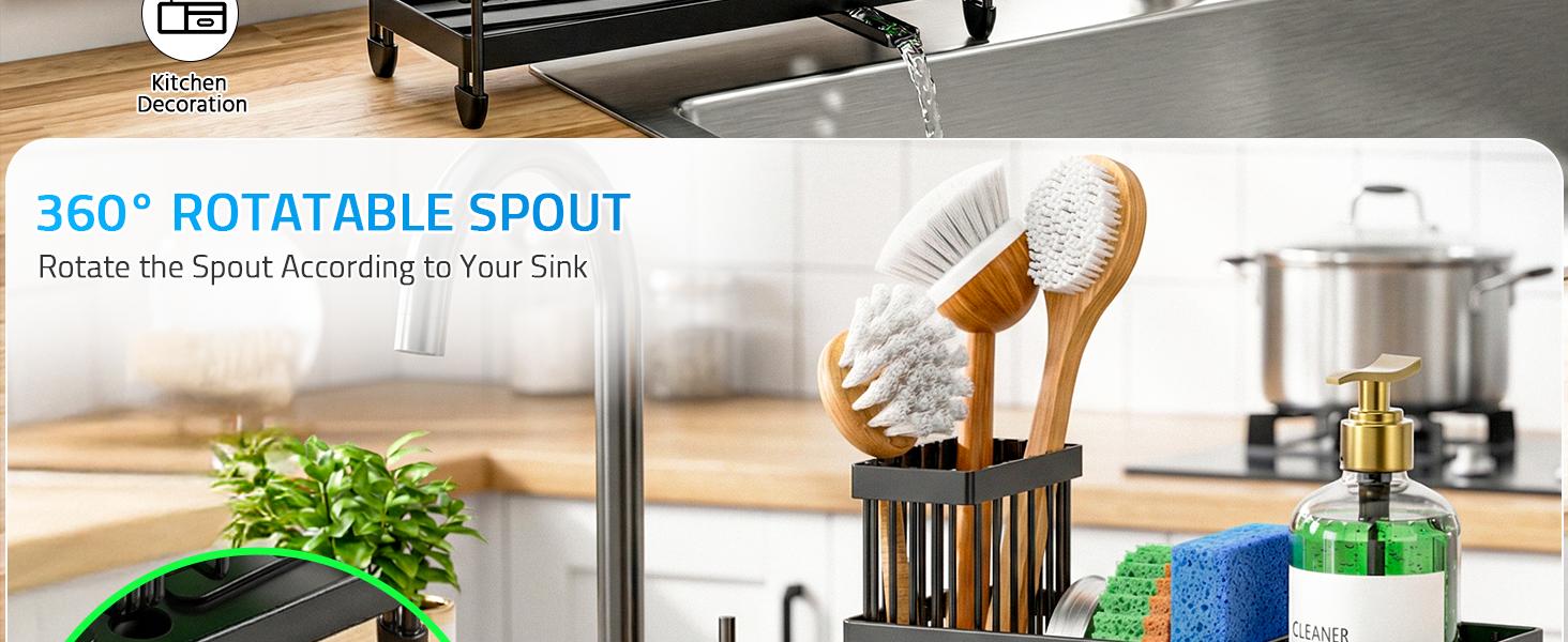 Sponge Holder for Kitchen Sink, Sink Caddy Organizer with High Brush Holder, Kitchen Countertop Organizers and Storage Essentials, Rustproof 304 Stainless Steel (Black, 9.25″)