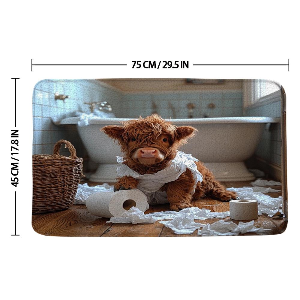 1pc Adorable Highland Cow Bath Mat Cute Calf with Toilet Paper in Cozy Bathroom Setting Plush Flannel Bath Rug for Home Decor Perfect for Various Rooms Home Decor Accent, Room Decor Accessory, Animal Themed Mat, Highland Cow Decor