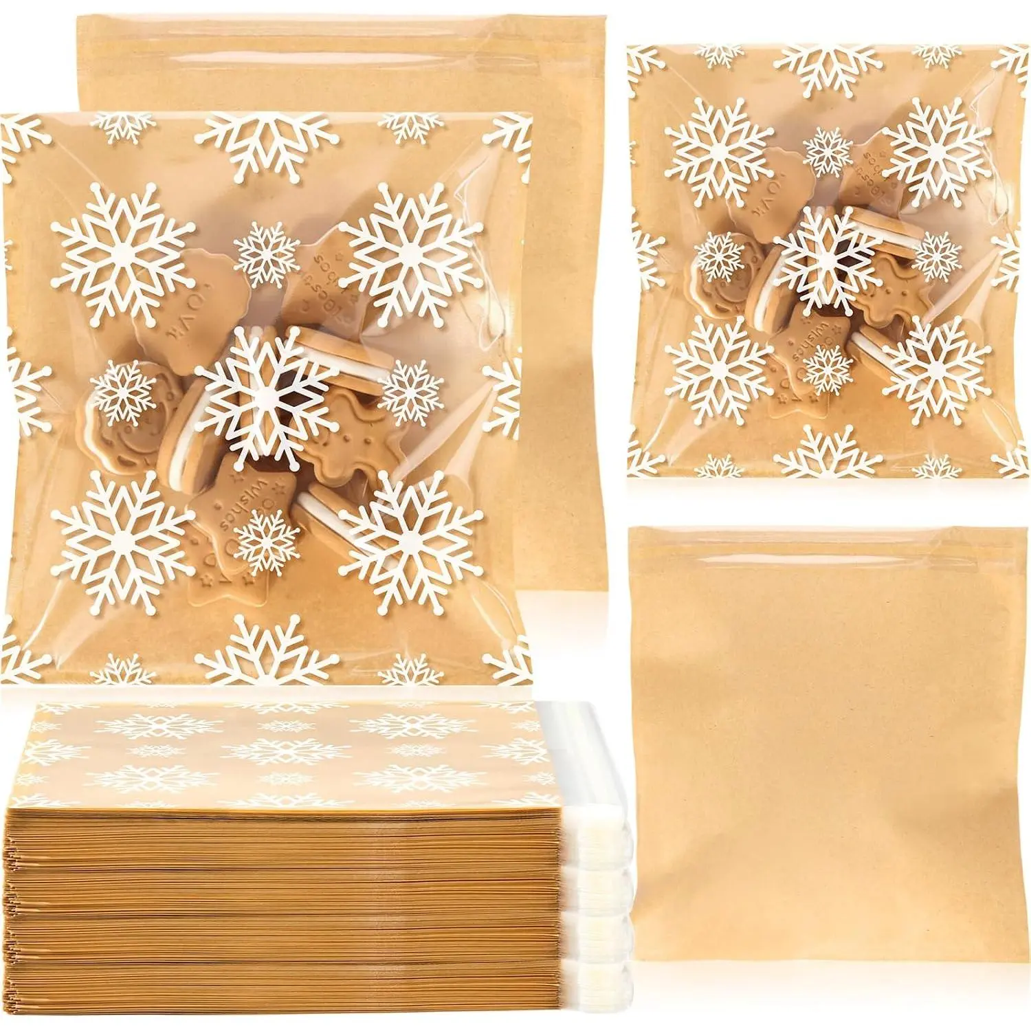 100 count Clear Snowflake Cookie Bags Christmas Cookie Bags With Front Paper Self adhesive Seal Snowflake  Paper  Candy Snack Goodie Container for Winter Christmas  Giving