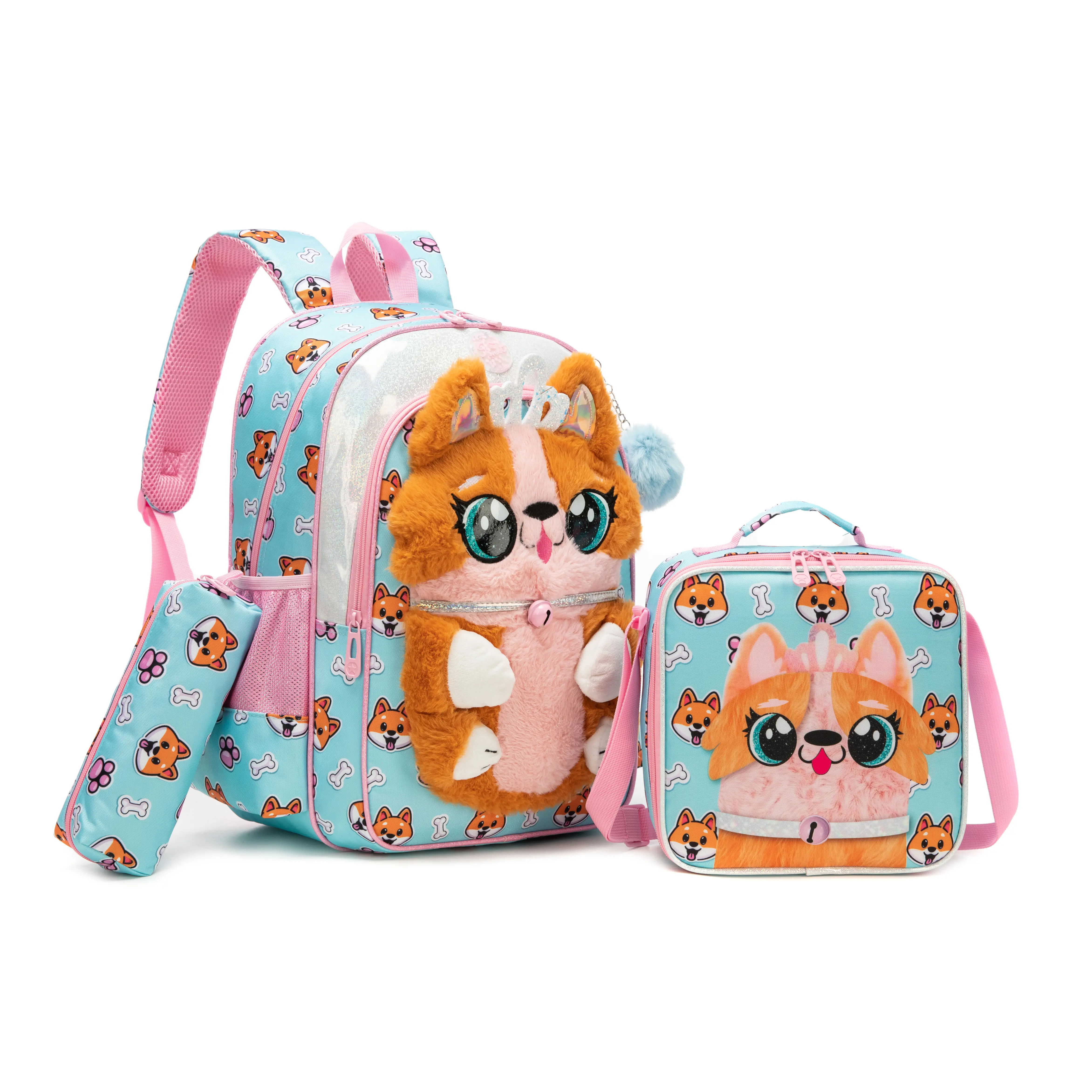 Girls' Kawaii Corgi Ergonomic School Backpack 3-Piece Blue Polyester Set, Includes 3D Plush Toy, Insulated Lunch Box & Multi-Function Pencil Case