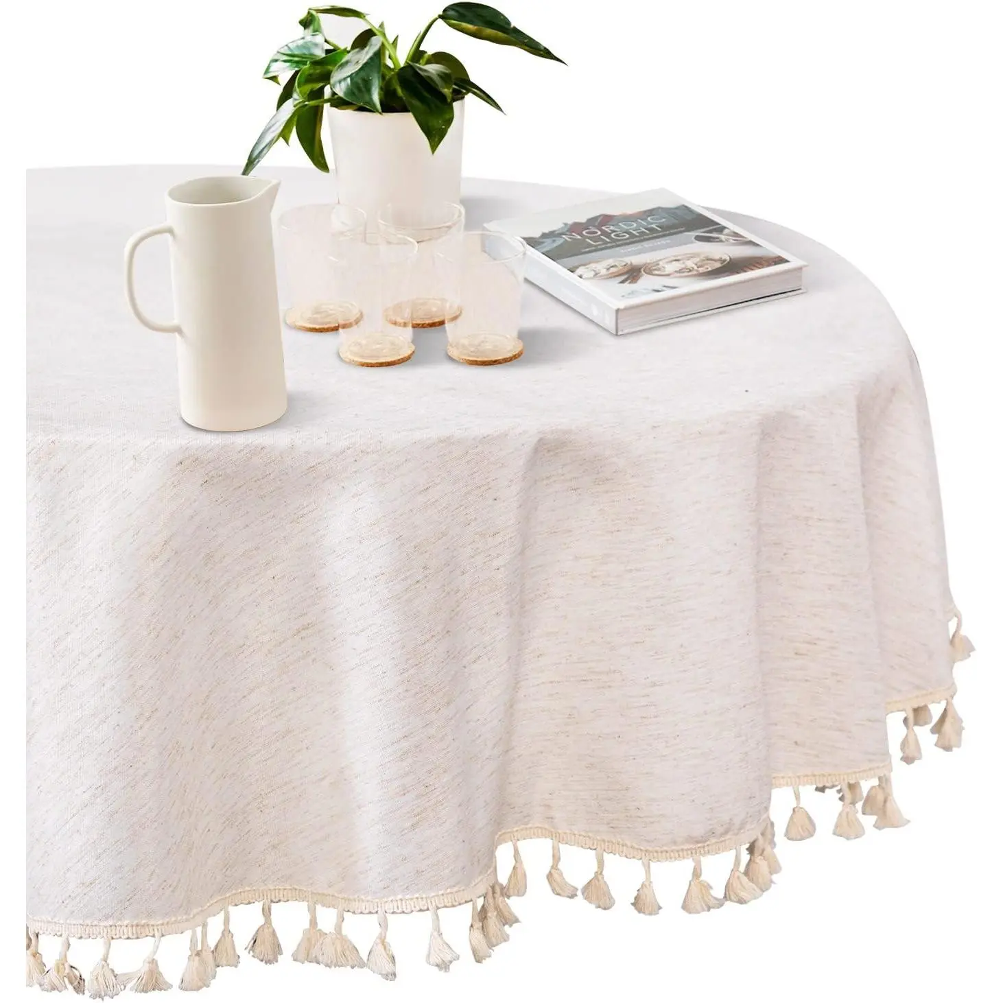 Table Cloth 60 in Round Cotton Tablecloth, Heavy Duty Linen Look Waterproof Tablecloths Farmhouse Tablecloth, Soft and Wrinkle Free Table Cover with Beige Tassels for Kitchen Dining, Party