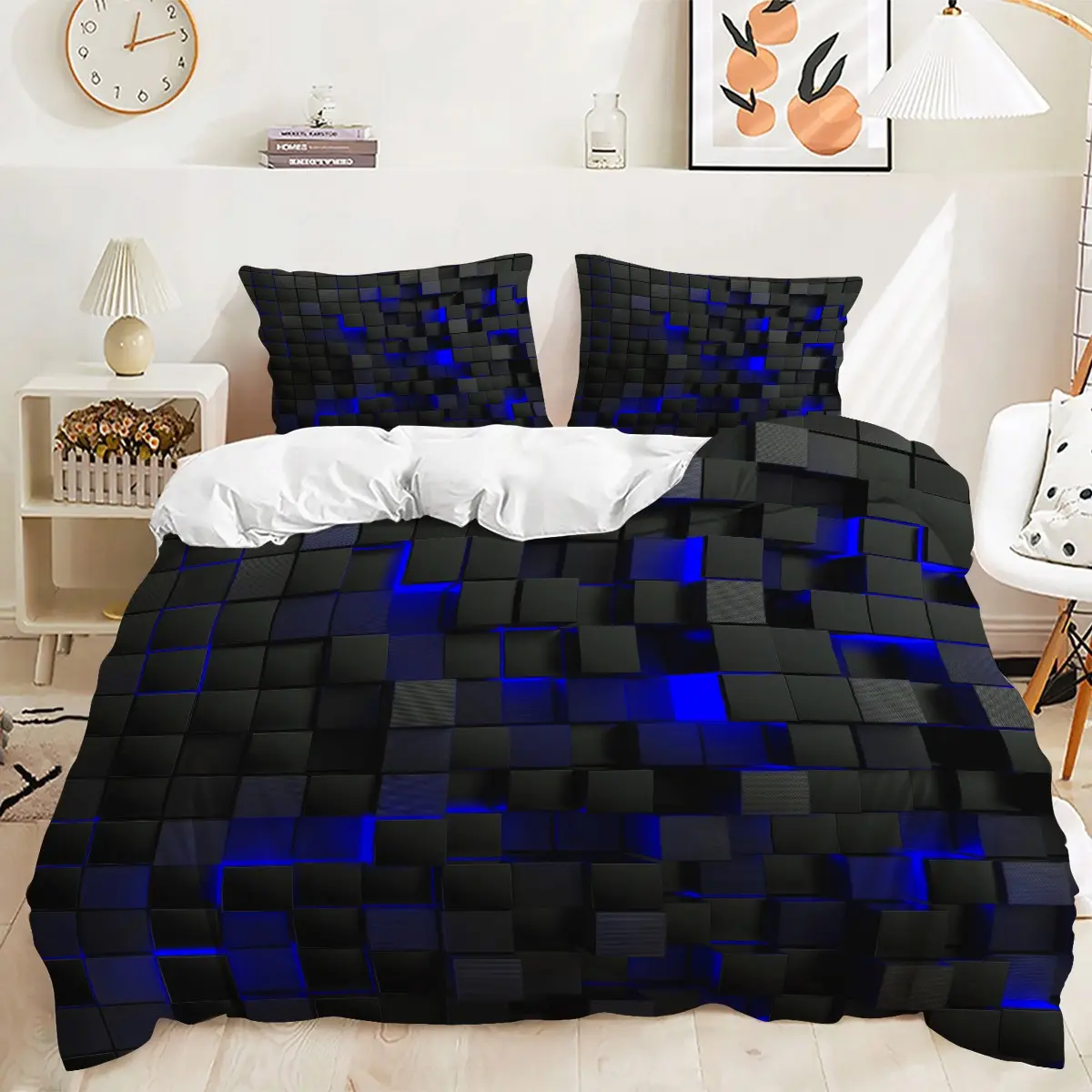 Black Blue Cube Pattern Duvet Cover Set, 2/3Pcs Modern Geometric Bedding Set, Soft Breathable Microfiber, All Season Use, Bedroom Decor for Men Women Teens, Includes 1 or 2 Pillowcase - No Filling/Zipper Closure