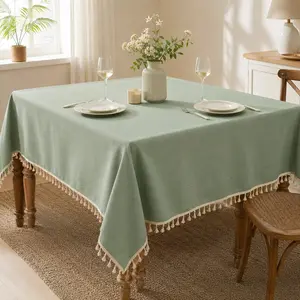 Sage Polyester Tablecloth, Thick Heavyweight Textured Fabric, Handmade Tassels, Farmhouse Rustic Style, Cozy, 90x90/140x180/140x220/140x260 Cm
