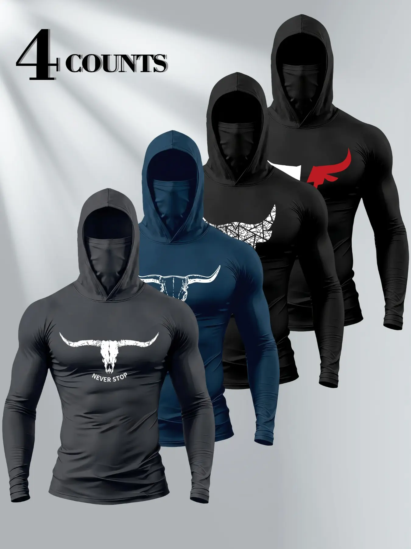 Western Bull Skull Print Hooded Compression Long Sleeve with Face Mask, 4-Pack, Stretch Dry Fit, Athletic Quick-Dry, Cycling Tactical Gym Slim Base Layer, Athletic Hoodies, Quick Drying Sportswear