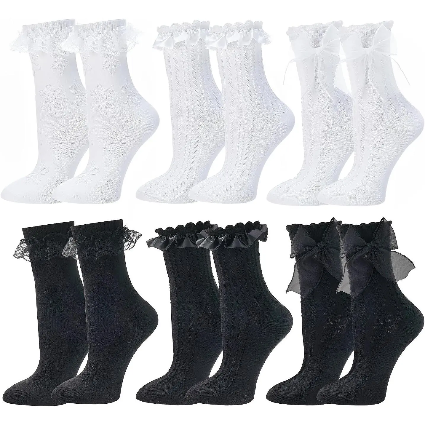 Womens Ruffle Lace Socks Cute Frilly Ankle Socks, Mary Jane Socks| Delicate Frills, Lolita Princess Vibe, Lightweight Breathable, 6 Pairs Cute Socks for Mary Janes, Lolita Princess Socks