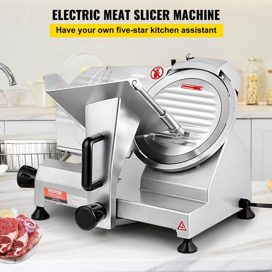 VEVOR Commercial Meat Slicer, 200W Electric Deli Food Slicer, 350-400RPM Meat Slicer with 8 Carbon Steel Blade, 0 - 0.47 inch Adjustable Thickness Electric Meat Slicer for Home and Commercial Use