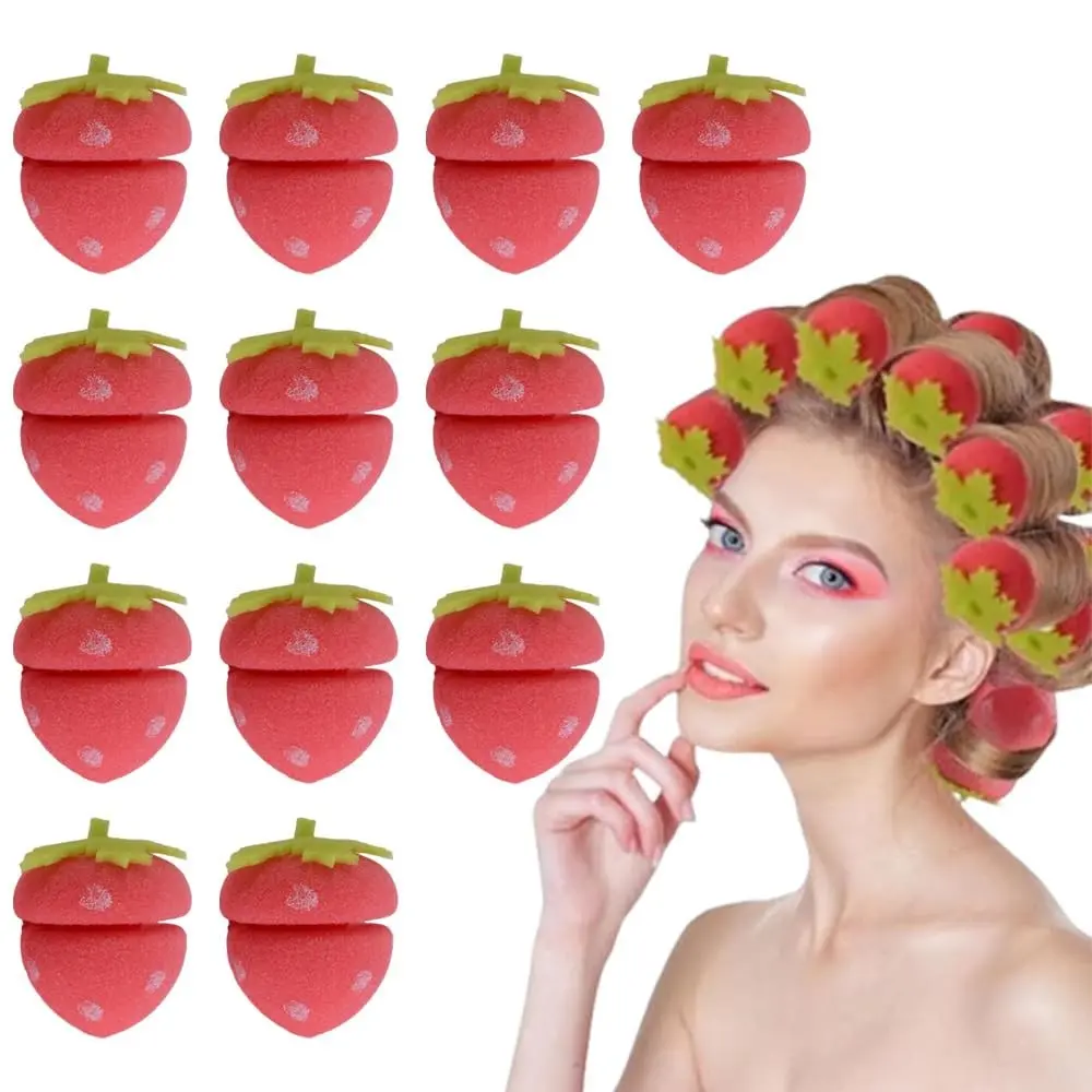 12 Pcs Heatless Hair Curlers Soft Foam Strawberry Hair Rollers Curl Sponge Set for Overnight Curls, No Heat No Damage Sleeping Curling Tools, Easy DIY Volume Waves Styling for Long Medium Hair, Comfortable Hair Curler Set for Women Home Travel Use
